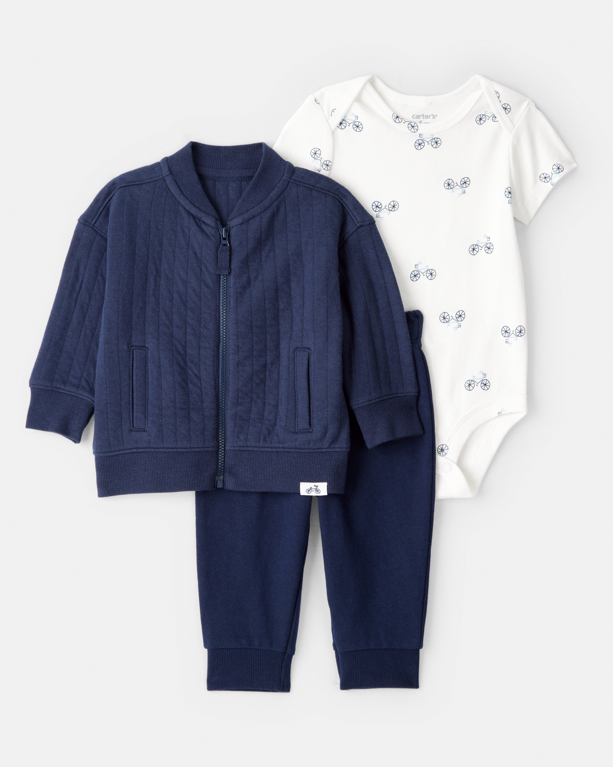 Baby Boy 3-Piece Bicycle Quilted Jacket Outfit Set - Navy