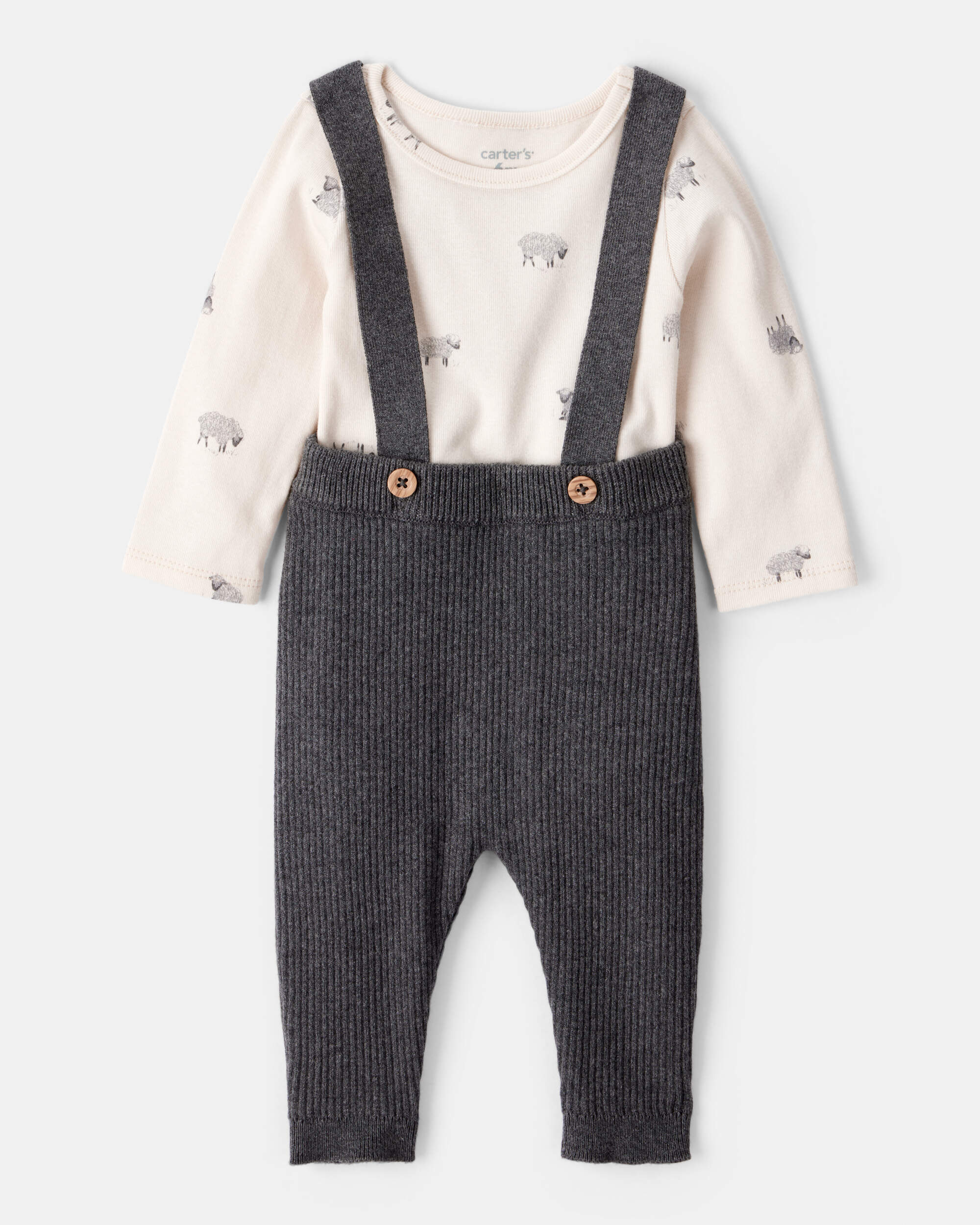 Baby Boy 2-Piece Sheep Print Cotton Long-Sleeve Overall Set - White/Grey