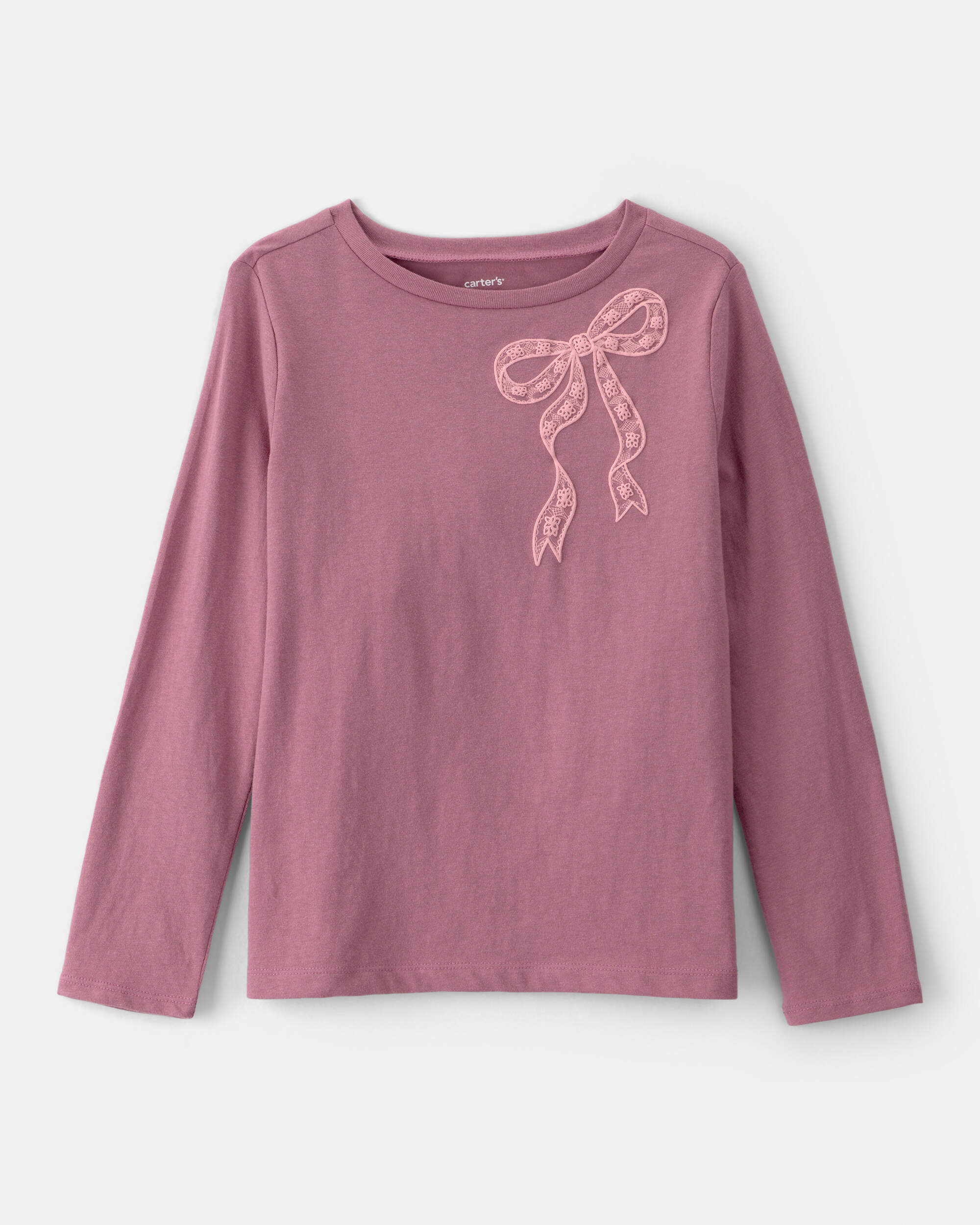 Girls Lace Bow Long-Sleeve Graphic Tee - Pink