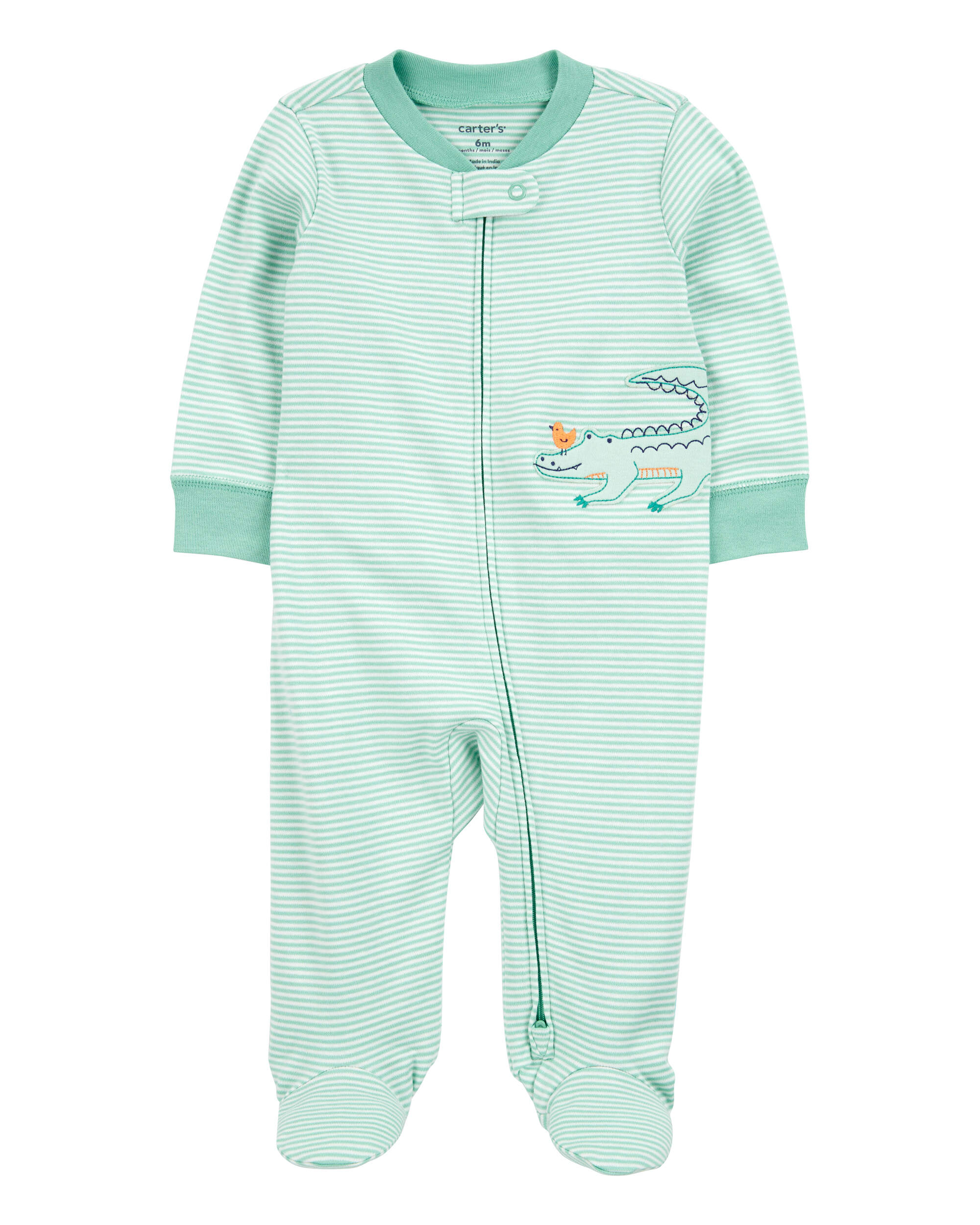 Baby Boy Alligator Striped 2-Way Zip Cotton Sleeper Pyjamas - Green