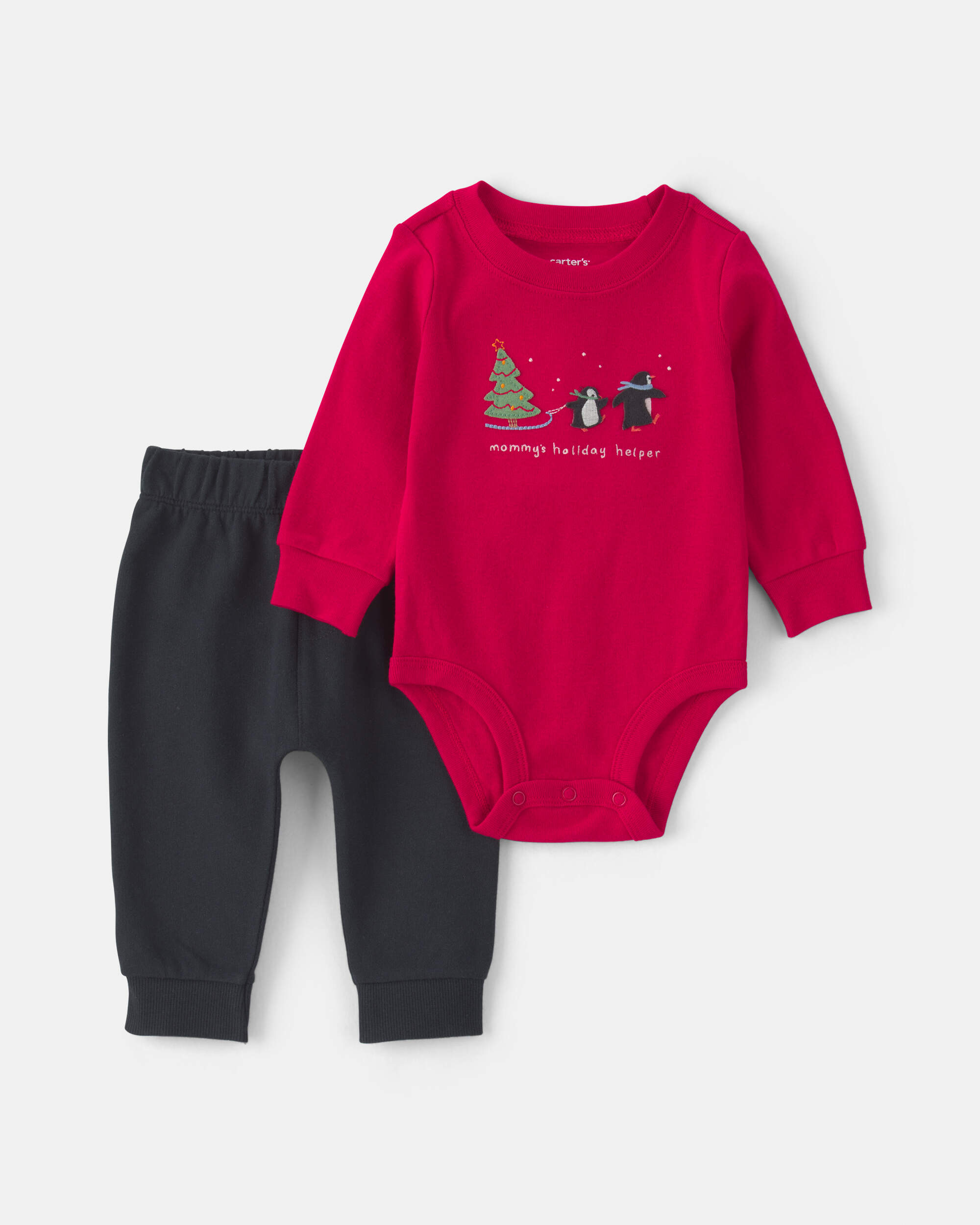 Baby Boy 2-Piece 'Mommy's Holiday Helper' Long-Sleeve Bodysuit & Pant Set - Red/Black