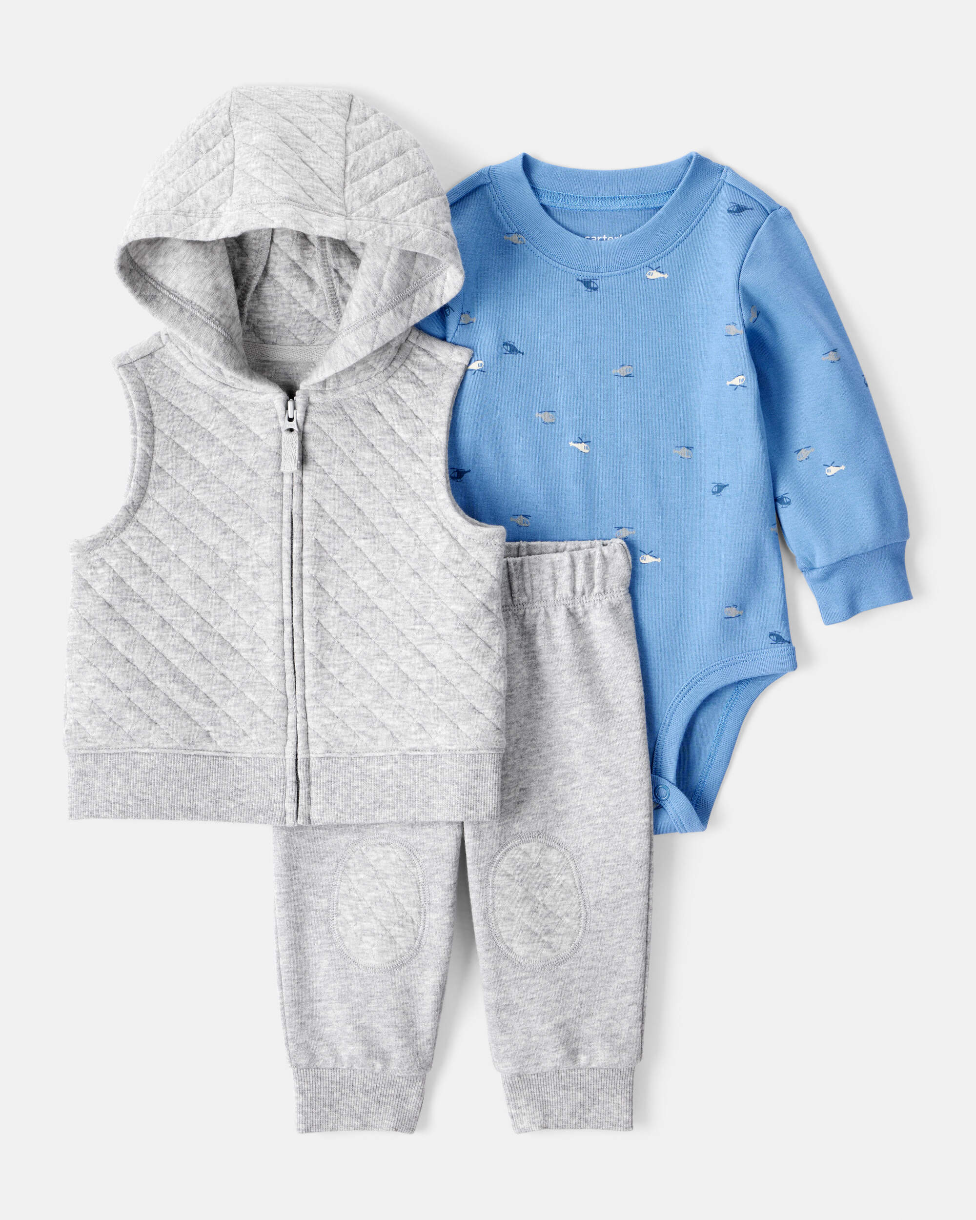 Baby Boy 3-Piece Helicopter Print Long-Sleeve Tee & Pant Set - Grey