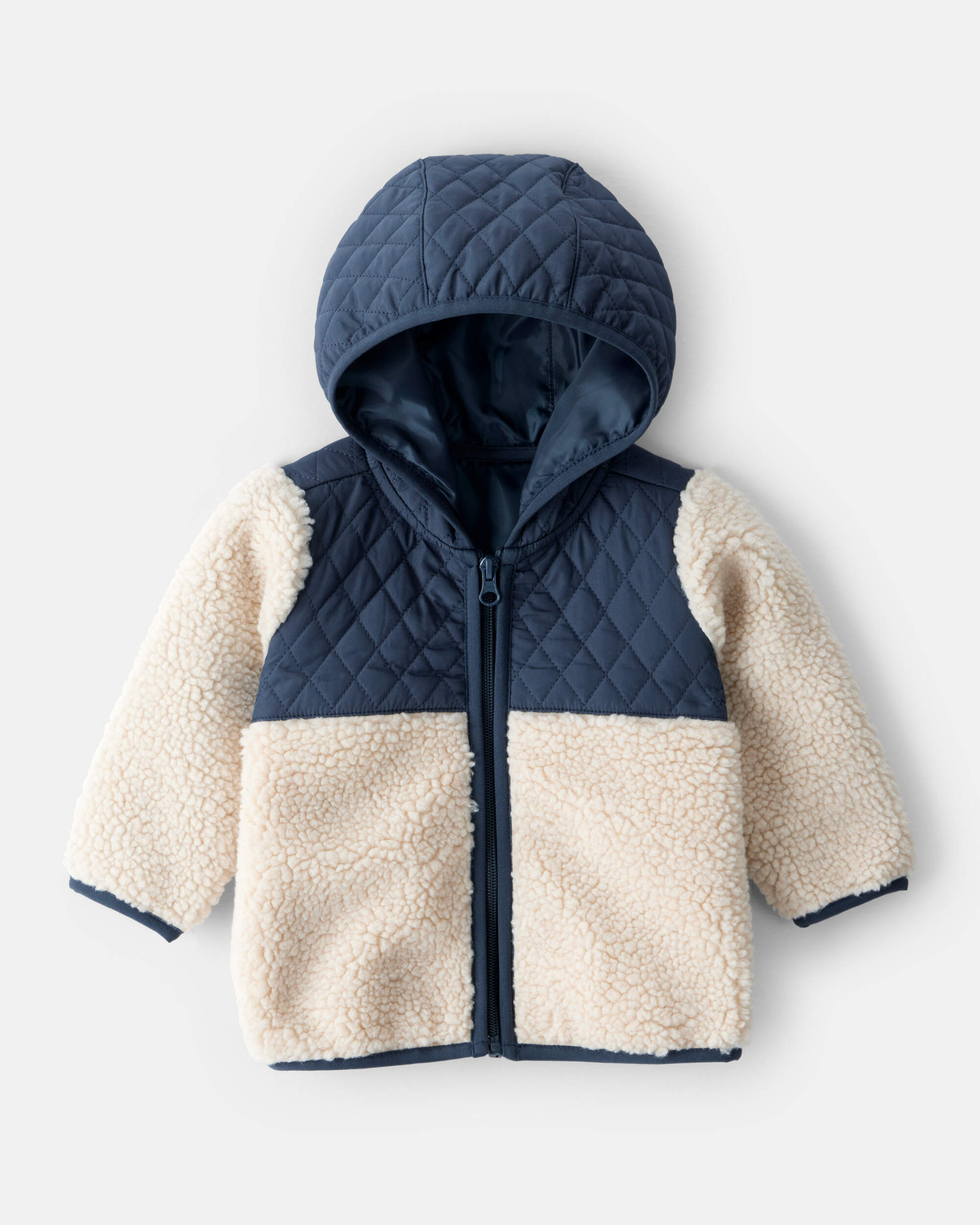 Baby Boy Colour Block Hooded Sherpa Zip-Up Jacket - Khaki/Navy