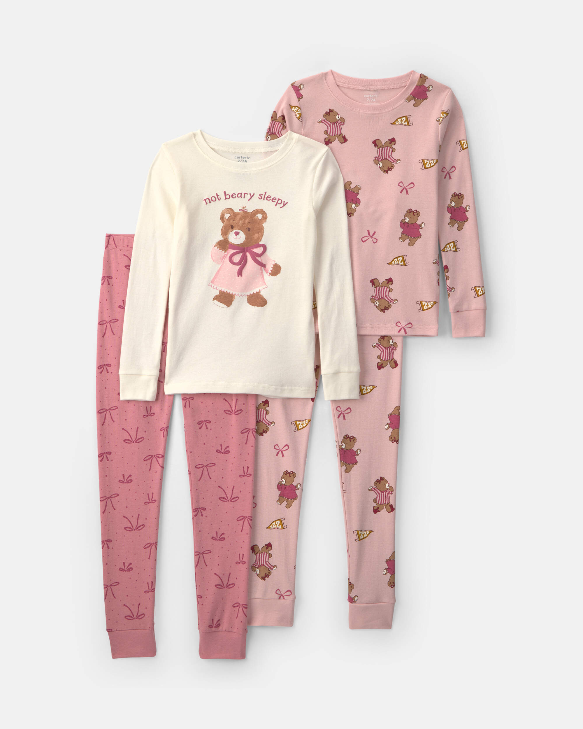 Girls 4-Piece Varsity Bear 100% Cotton Snug Fit Pyjama Set - Pink/Cream