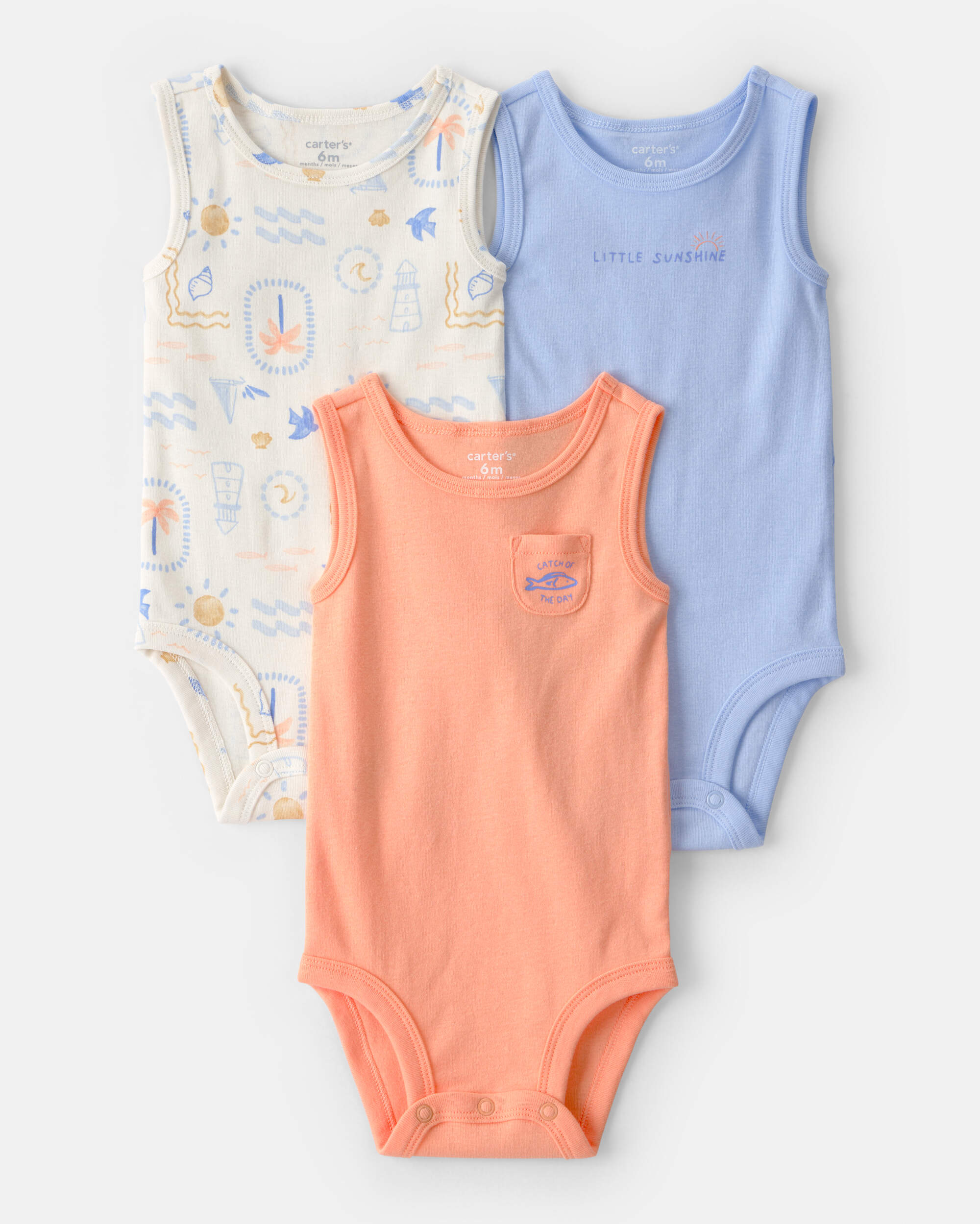 Baby 3-Pack Sunshine Sleeveless Multipack Bodysuits - Orange/Blue/Ivory