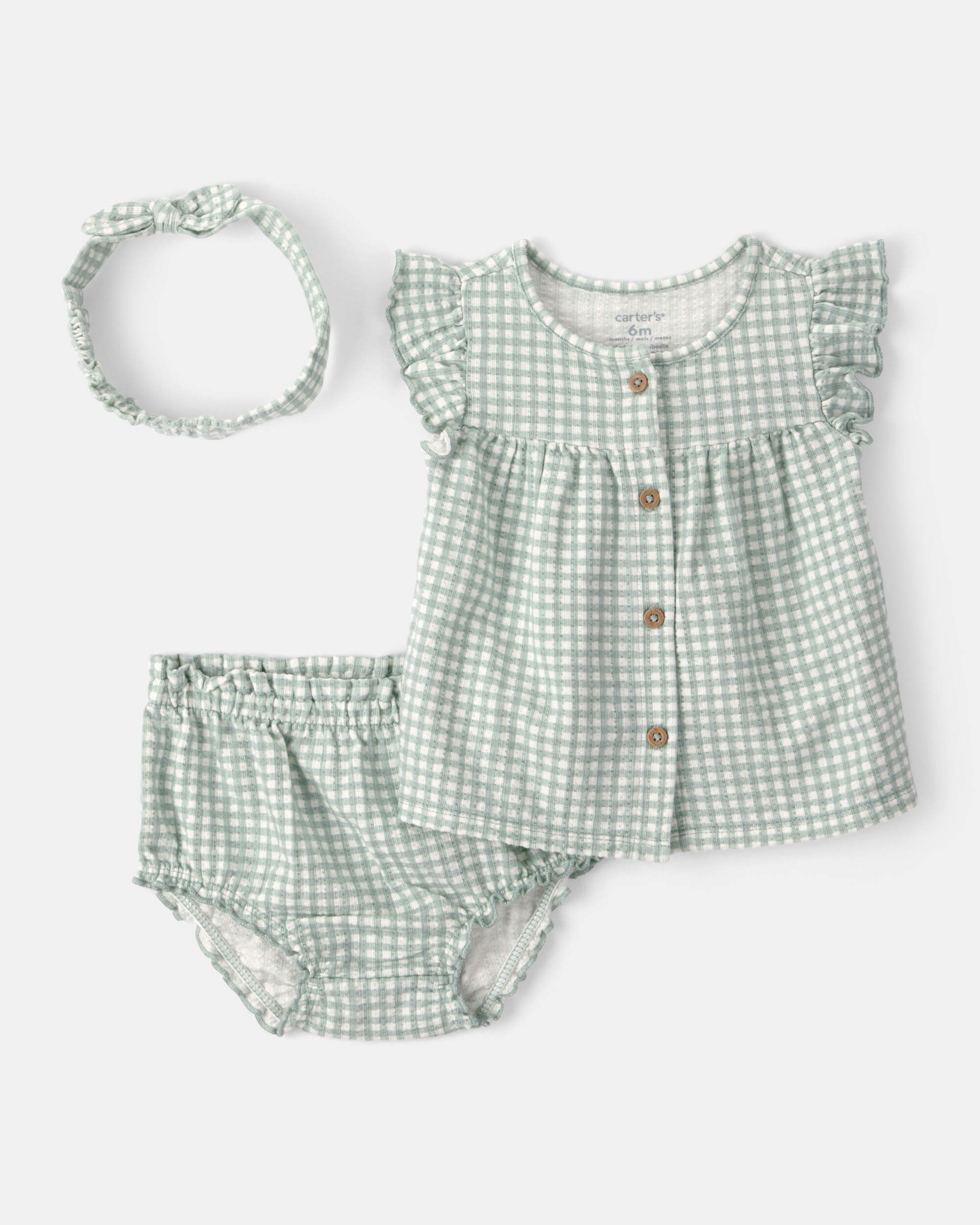 Baby Girl 3-Piece Gingham Top & Short Set - Green