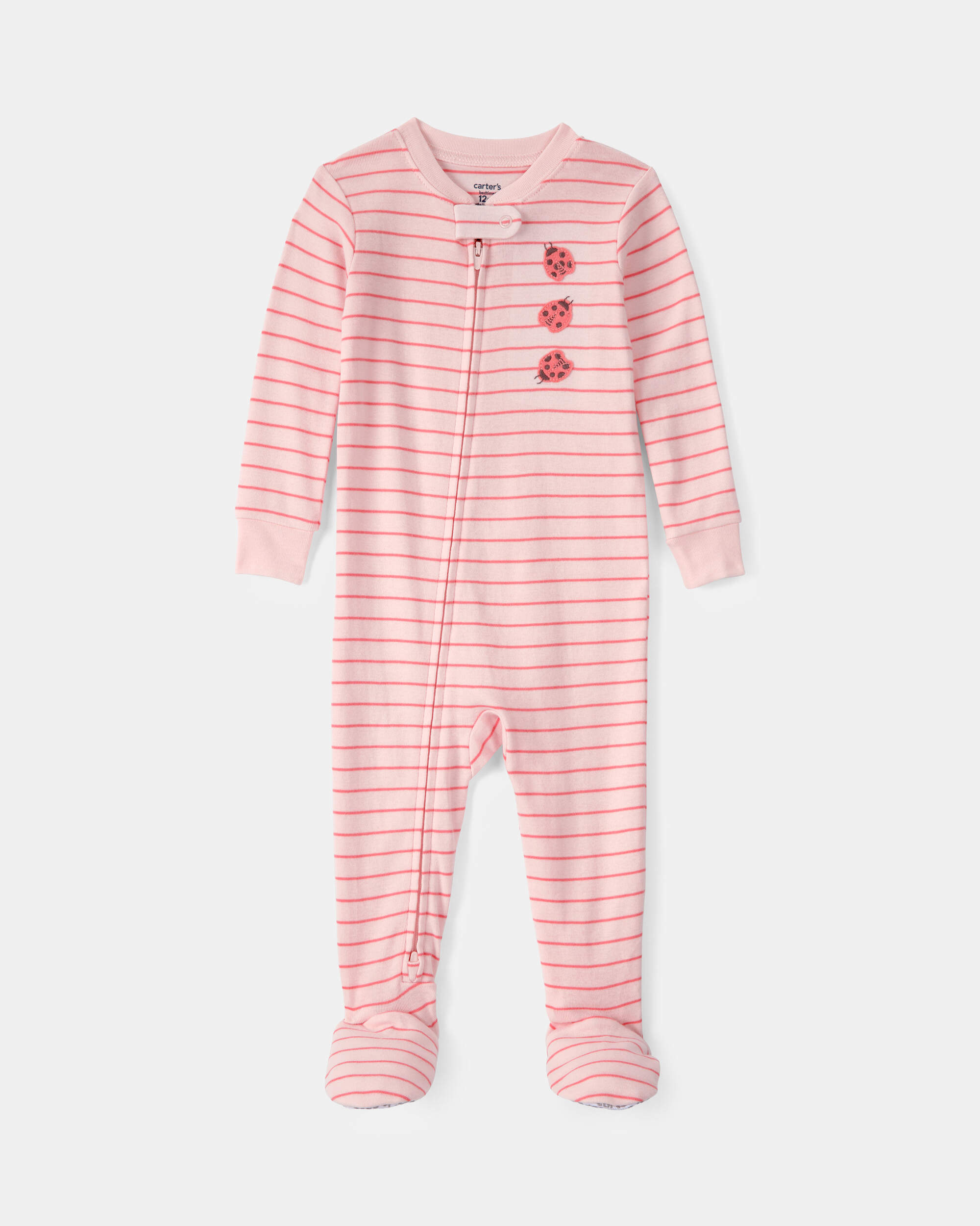 Baby Girl Ladybug Striped 100% Cotton Snug Fit 1-Piece Pyjama Set - Pink