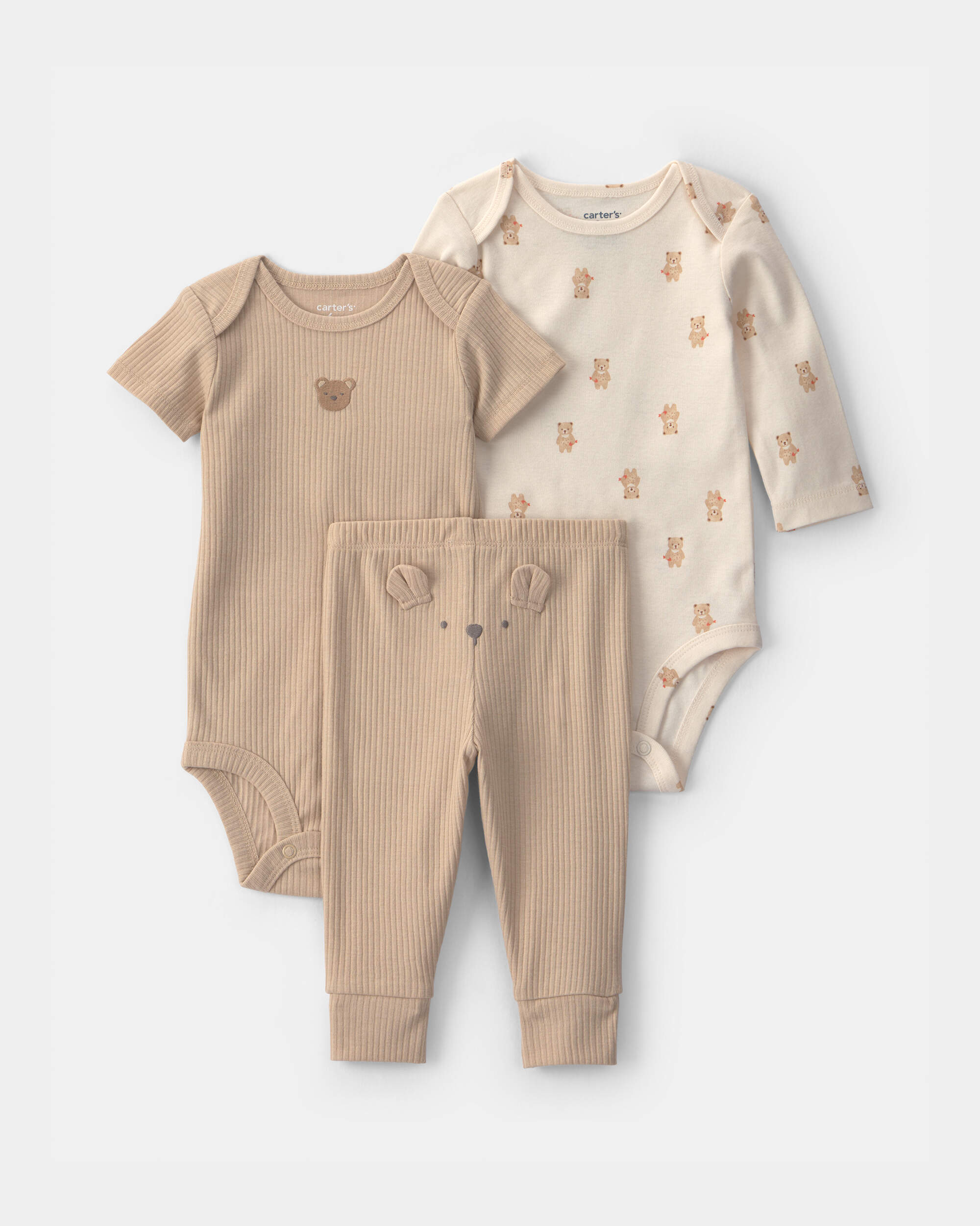 Baby 3-Piece Bear Bodysuit & Pant Set - Brown/Ivory