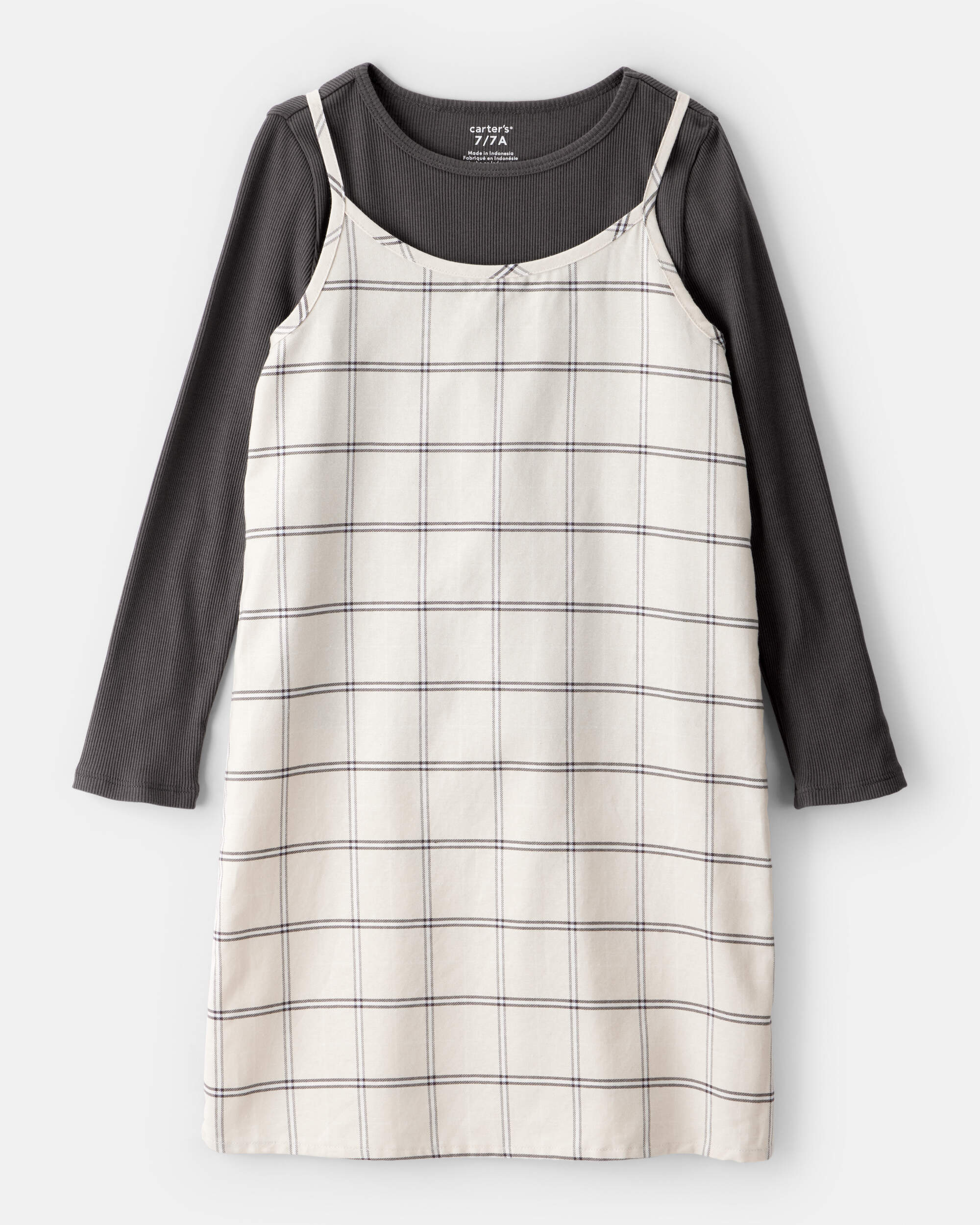 Girls 2-Piece Plaid Long-Sleeve Dress Set - White