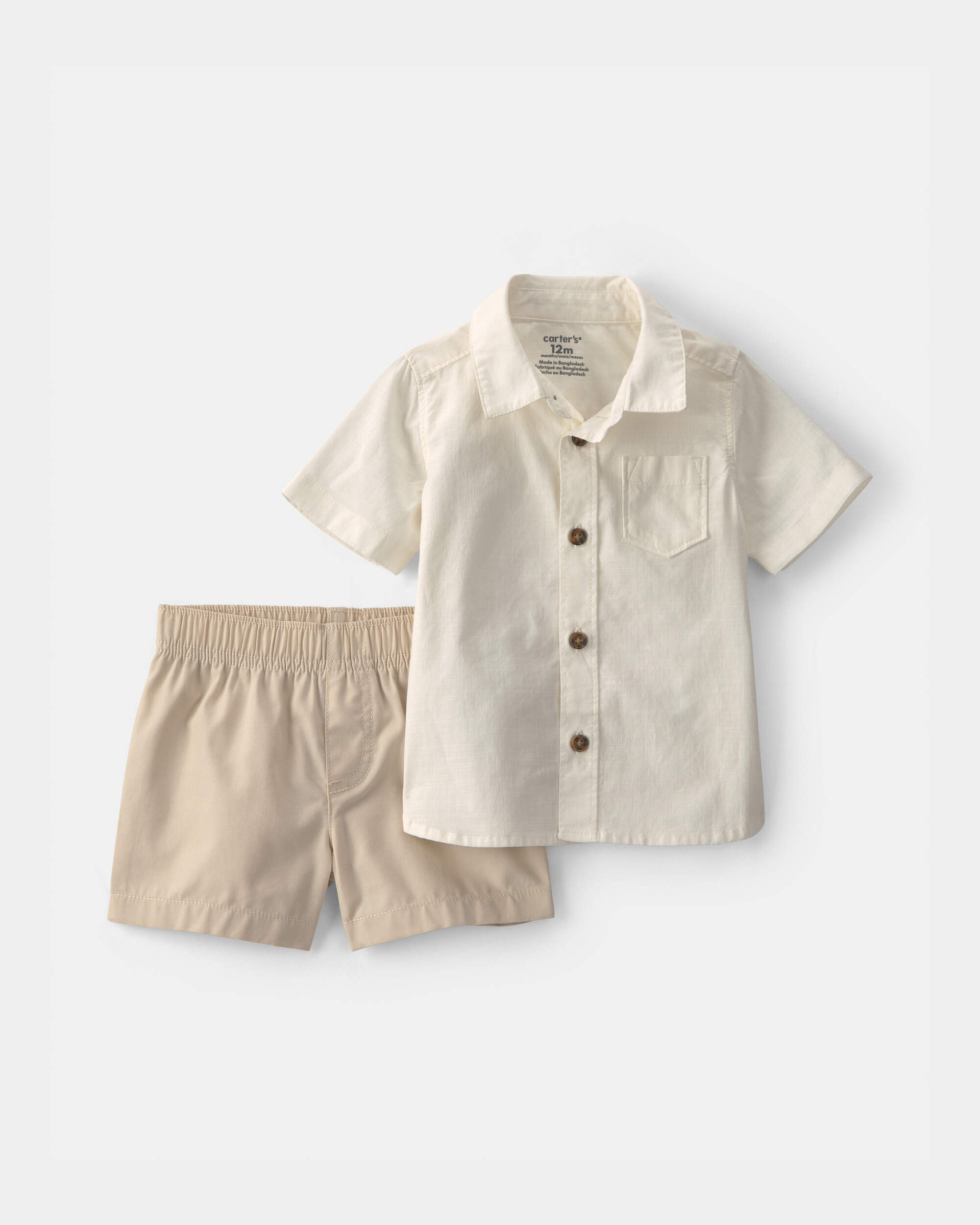 Baby Boy 2-Piece Chambray Button-Down Shirt & Short Set - Ivory/Brown