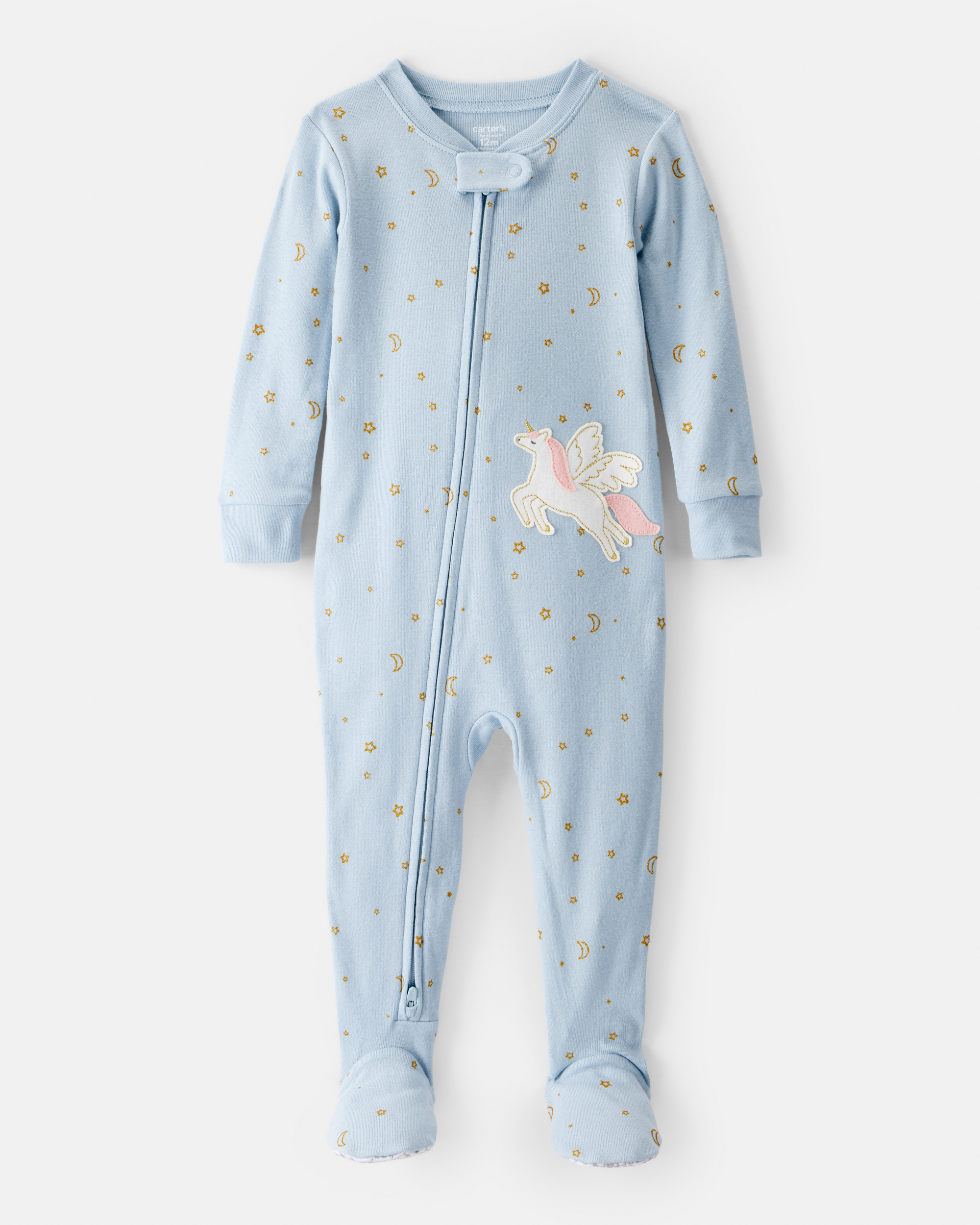 Baby Girl Unicorn Star Print 100% Cotton Long-Sleeve 2-Way Zip 1-Piece Pyjamas - Blue