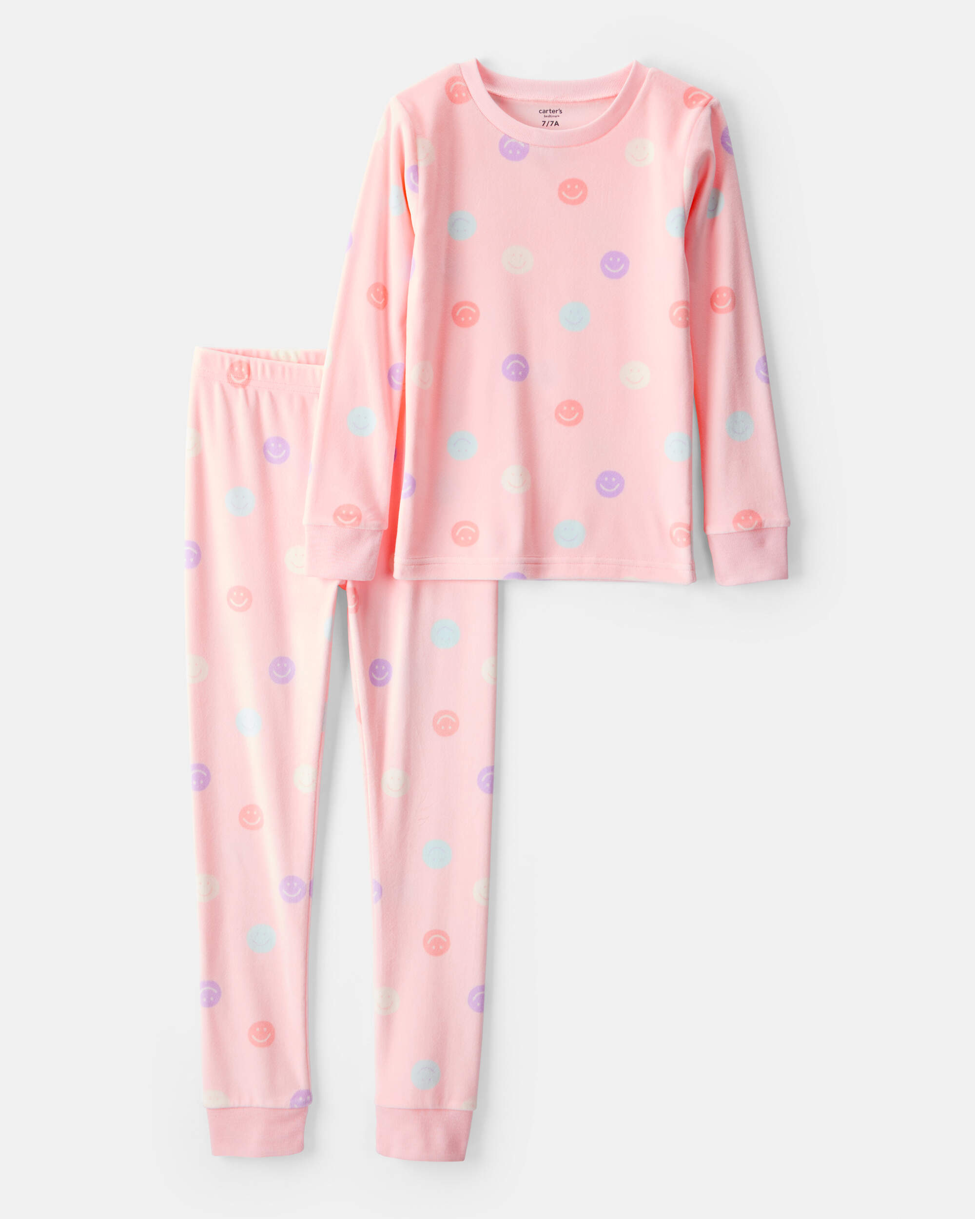 Girls Smiley Face Print DreamPlush Long-Sleeve Snug Fit 2-Piece Pyjamas - Pink