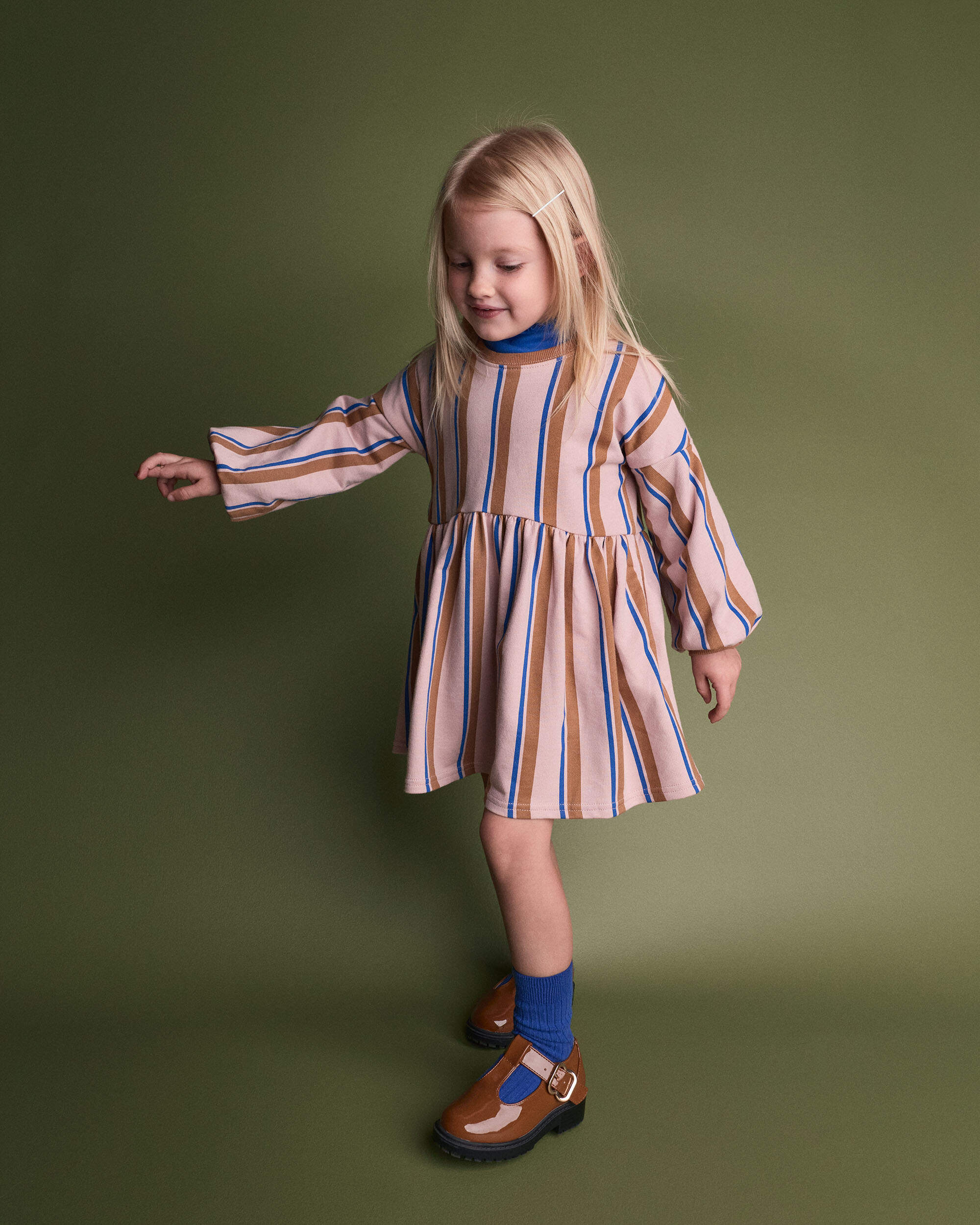 Toddler Girl Balloon-Sleeve Dress Stripes - Pink/Brown/Blue