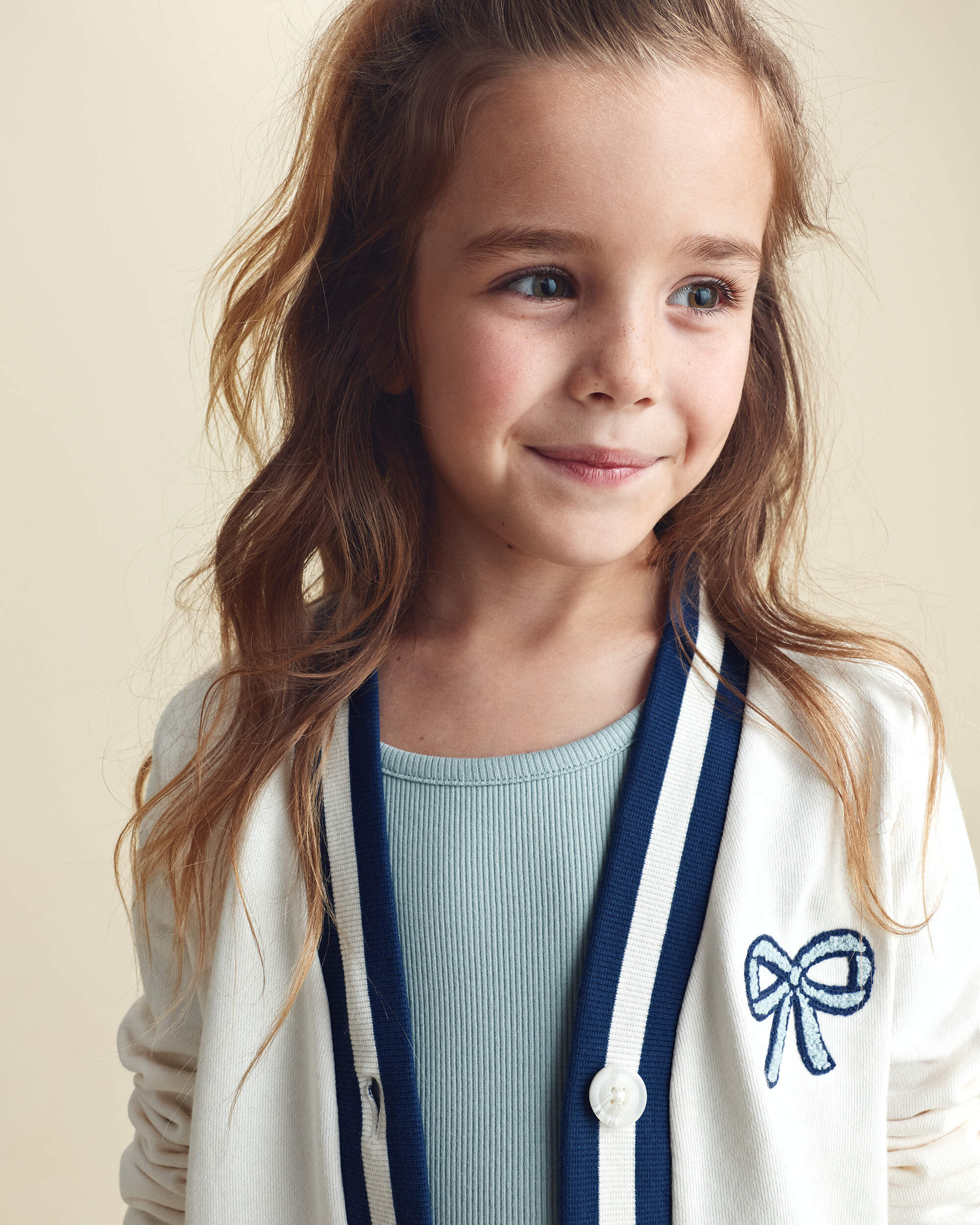 Girls Bow French Terry Cardigan Sweater - Cream