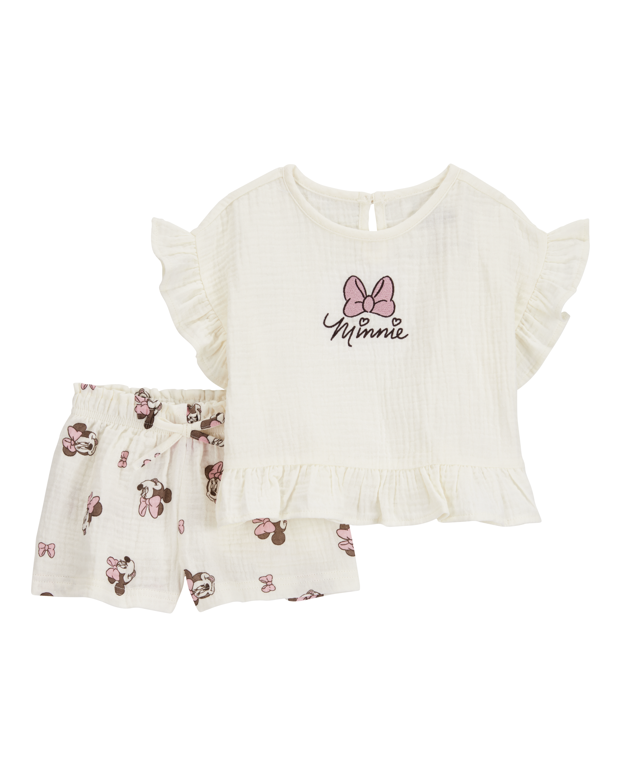 Toddler 2-Piece Minnie Mouse Flutter-Sleeve Gauze Top & Short Set - Cream