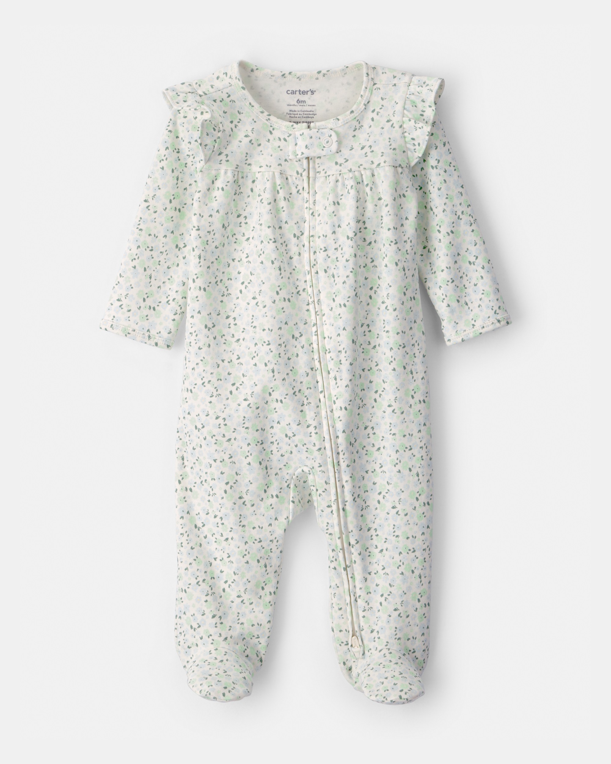 Baby Girl Floral 2-Way Zip 100% Cotton Sleeper - Green/Ivory