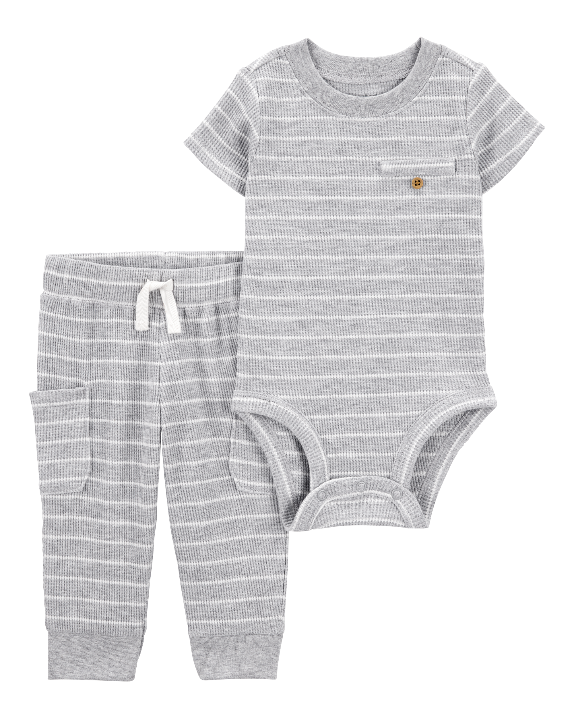 Baby 2-Piece Striped Waffle Knit Bodysuit Pant Set - Heather