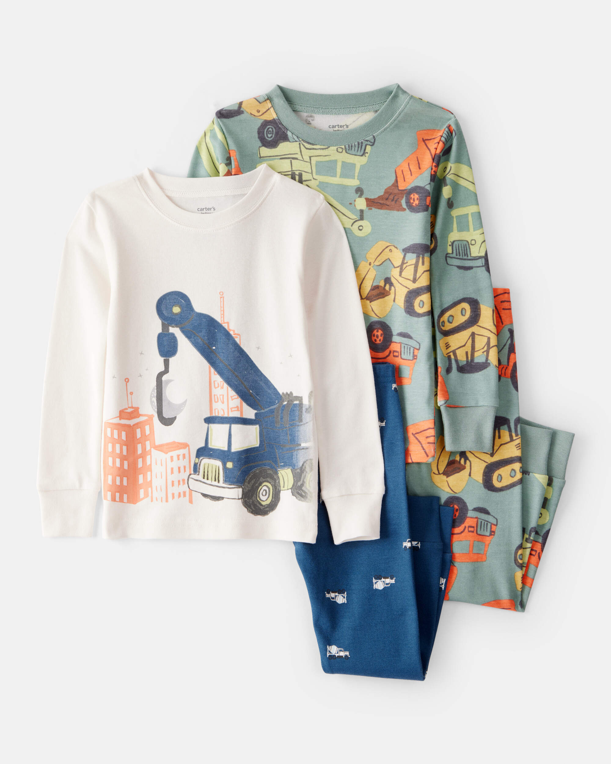 Toddler Boy Construction Print 100% Cotton Long-Sleeve 4-Piece Pyjamas - Blue/Navy/White