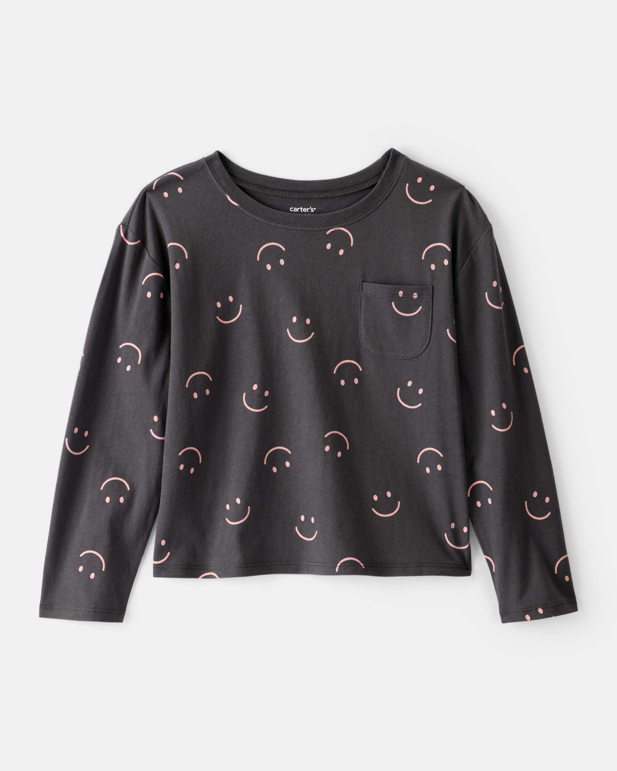 Girls Smiley Face Print Long-Sleeve Top - Black