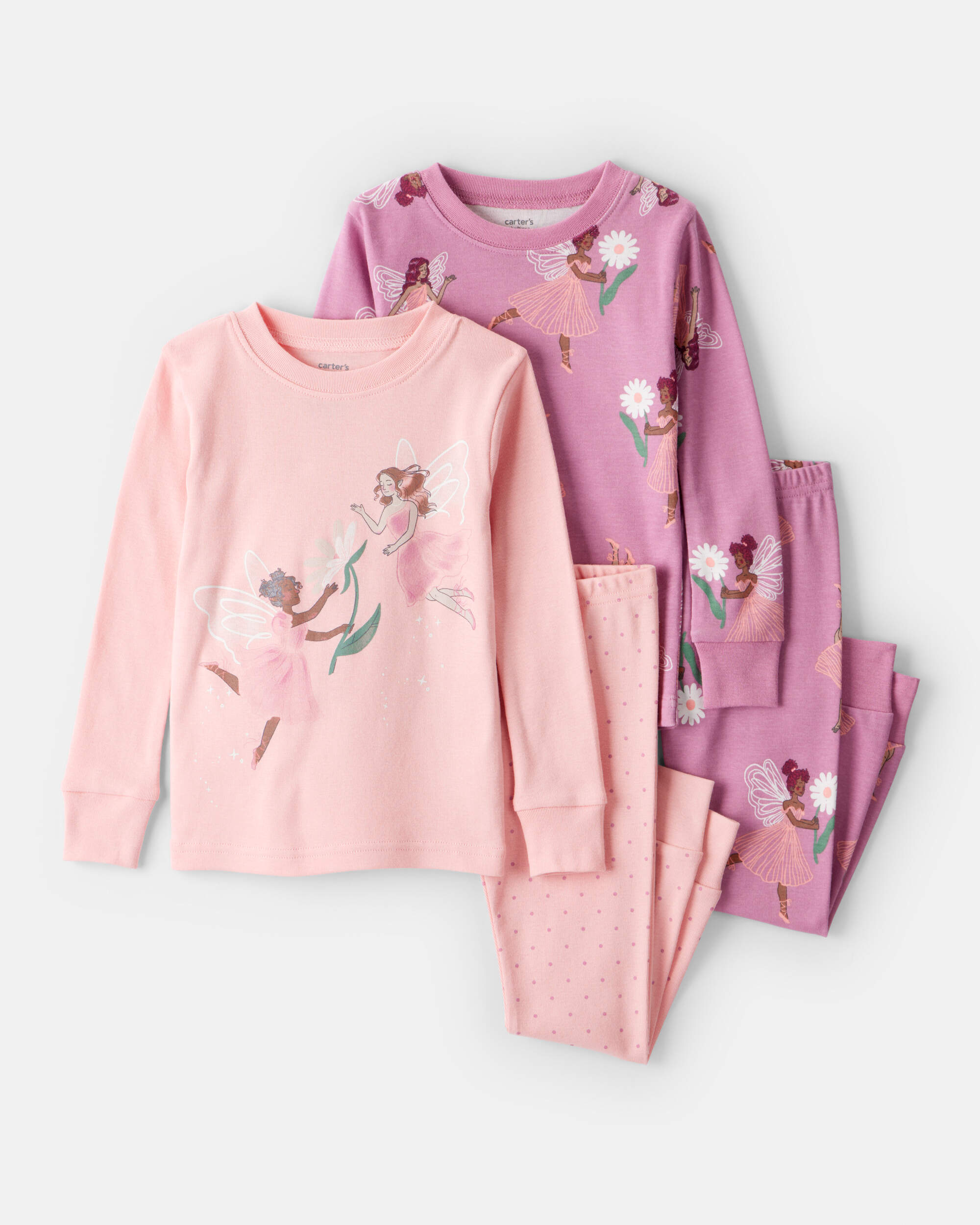 Baby Girl Fairy Floral 100% Cotton Long-Sleeve Snug Fit 4-Piece Pyjamas - Pink/Purple