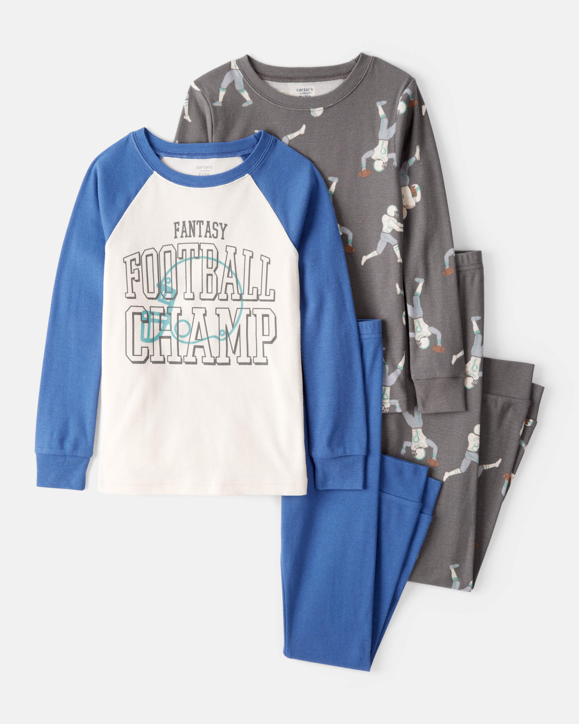 Boys Football Print 100% Cotton Long-Sleeve 4-Piece Pyjamas - White/Blue