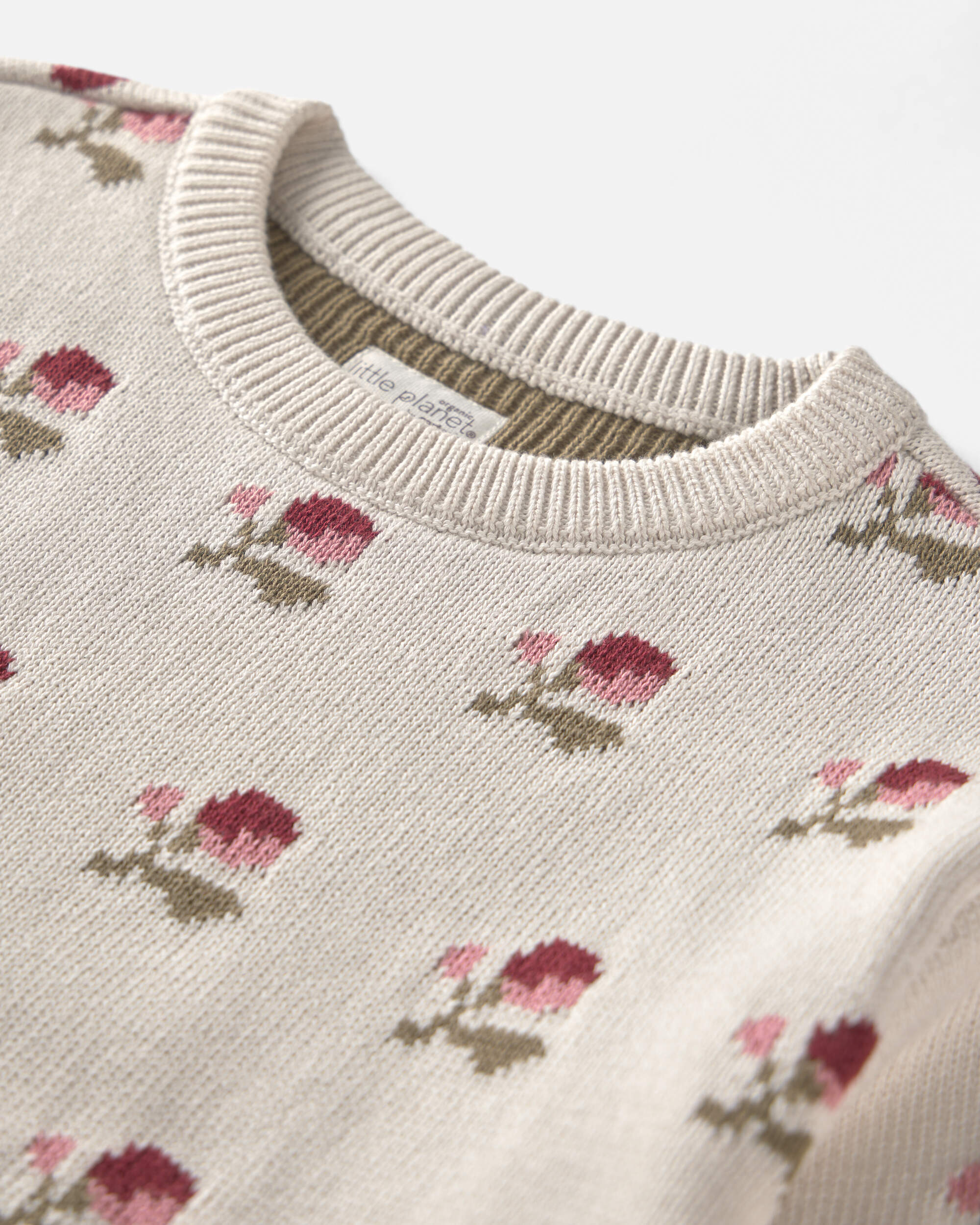 Girls Organic Cotton Sweater Knit Pullover Floral Jacquard