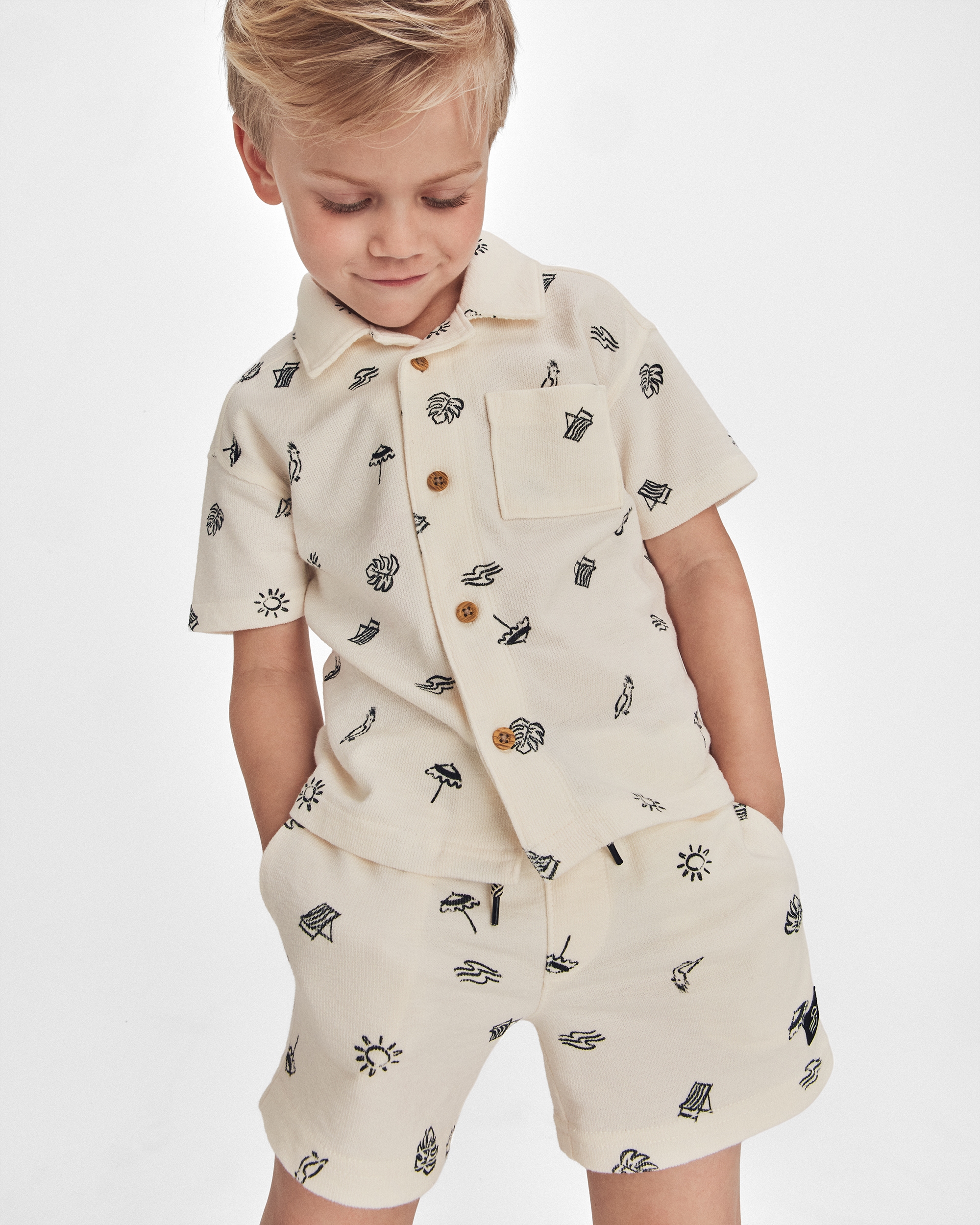 Boys Beach Button-Down Shirt - Cream