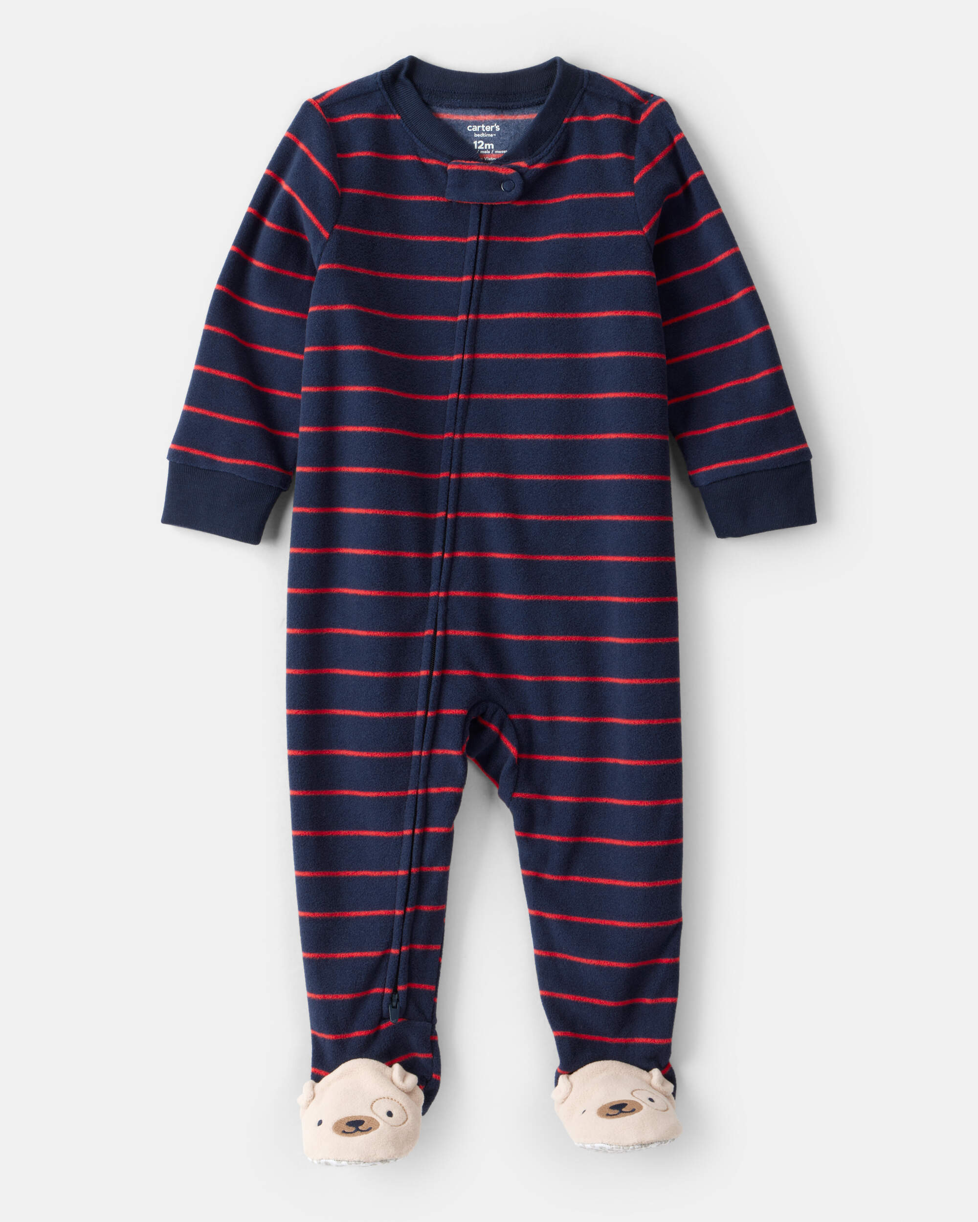 Baby Boy Dog Striped Fleece Loose Fit 1-Piece Pyjamas - Navy