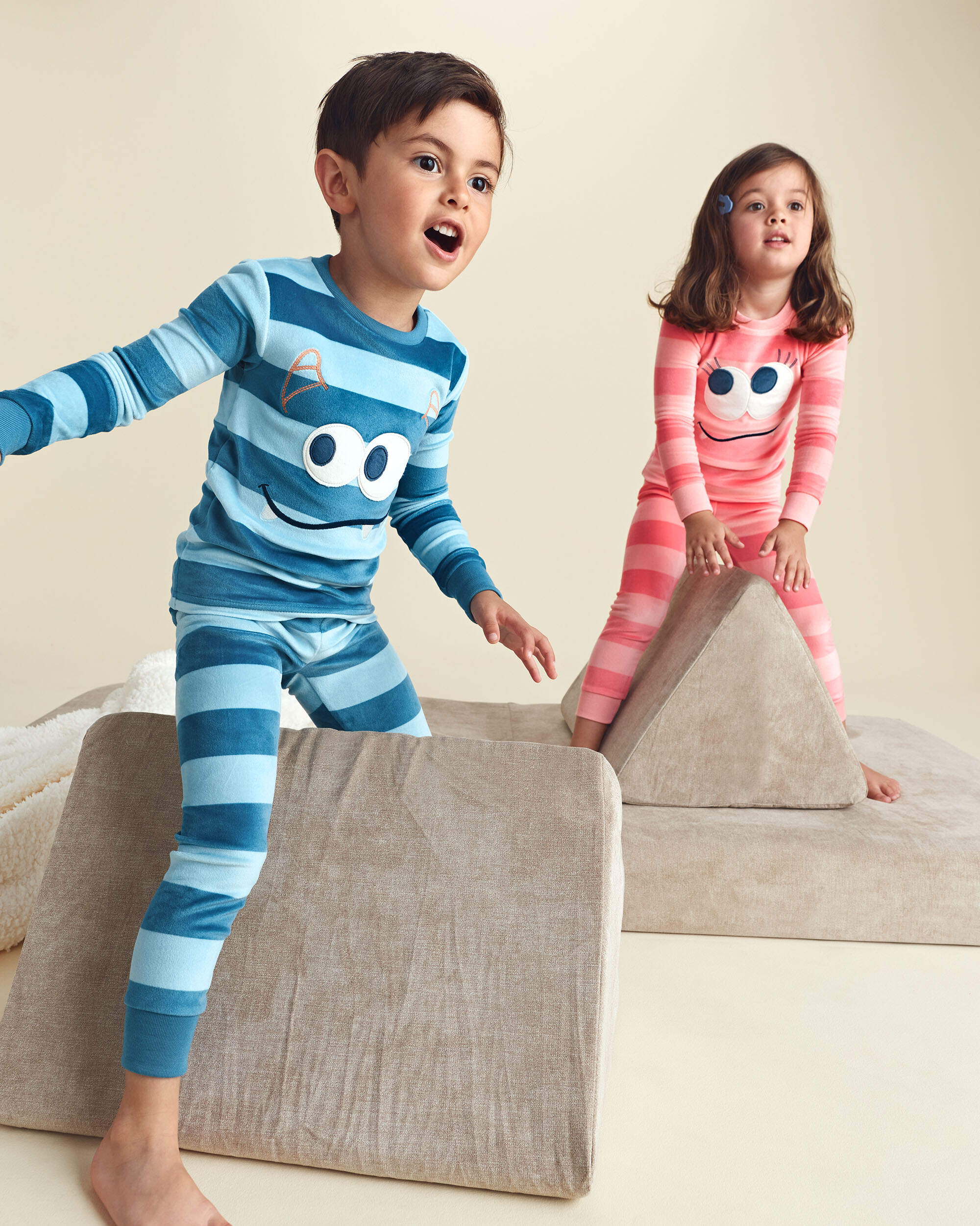 Toddler Girl 2-Piece Monster Striped DreamPlush Snug Fit Pyjama Set - Coral