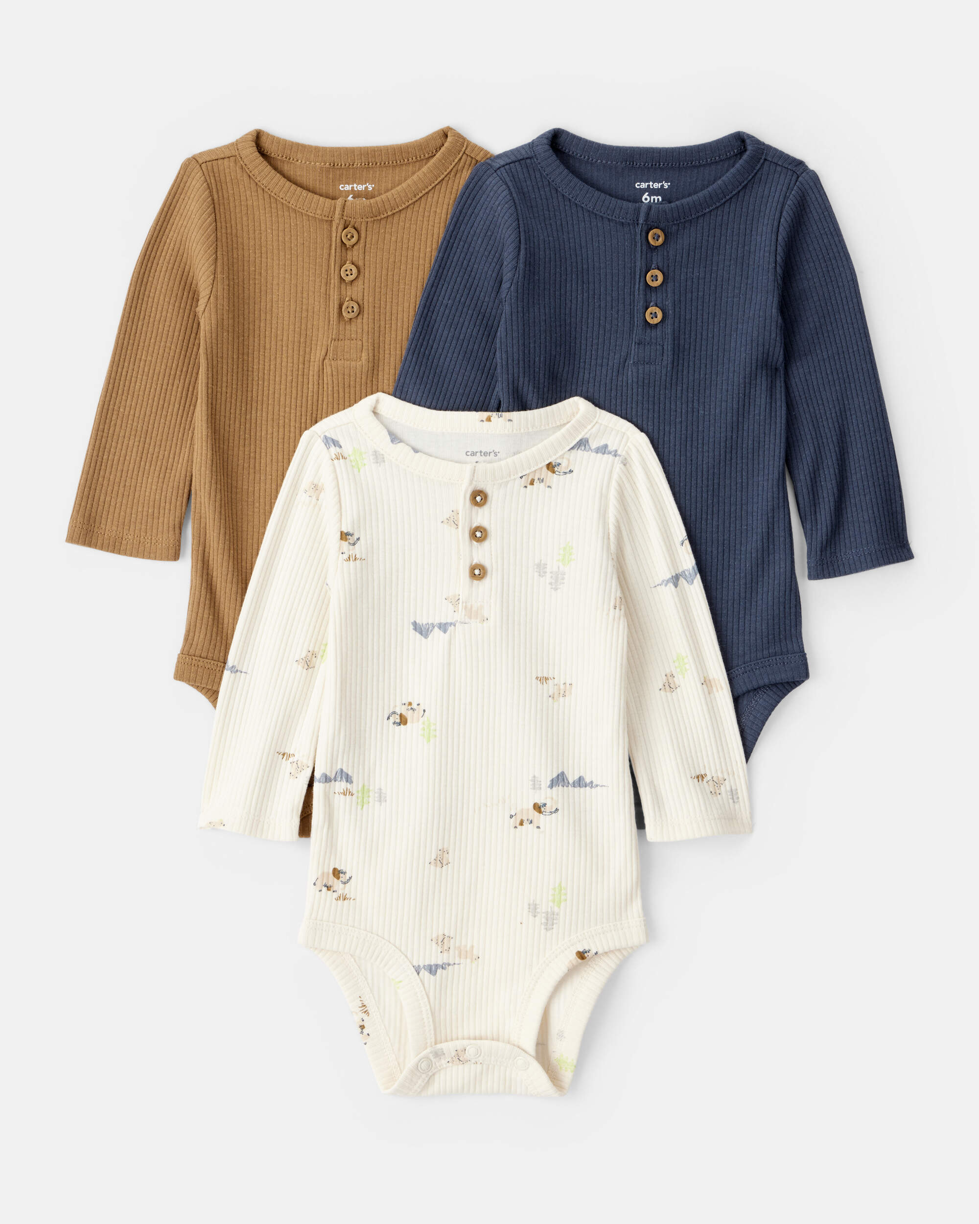 Baby Boy 3-Pack Elephant Print Long-Sleeve Multipack Bodysuits