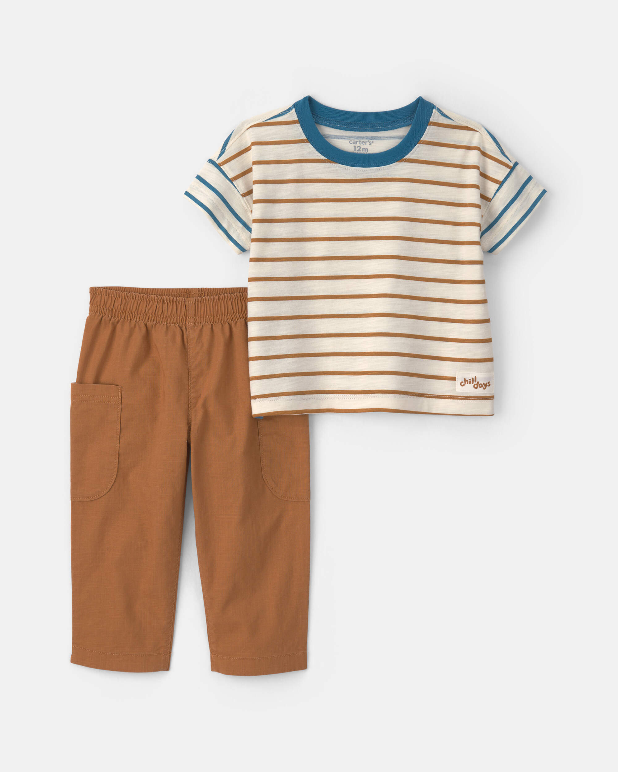 Baby Boy 2-Piece Striped Short-Sleeve Top & Pant Set - Cream/Brown