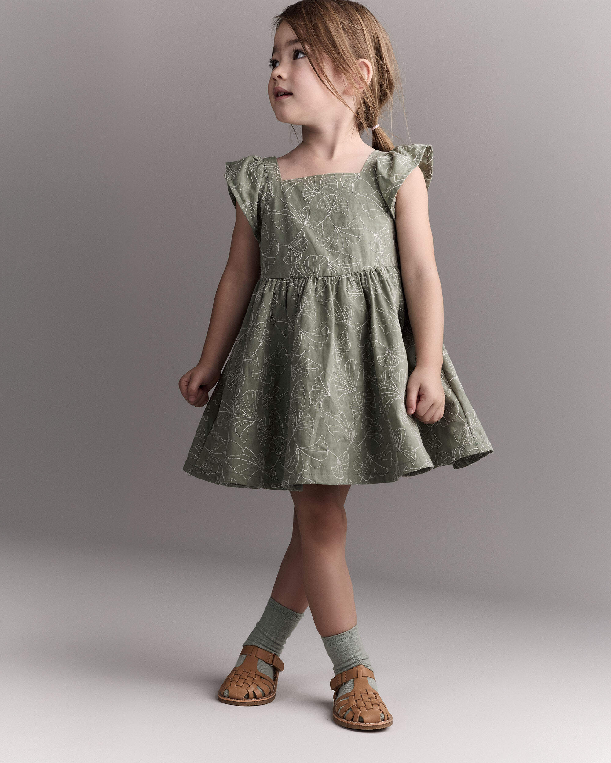Toddler Girl Embroidered Flutter Sleeve Dress Floral Print - Green