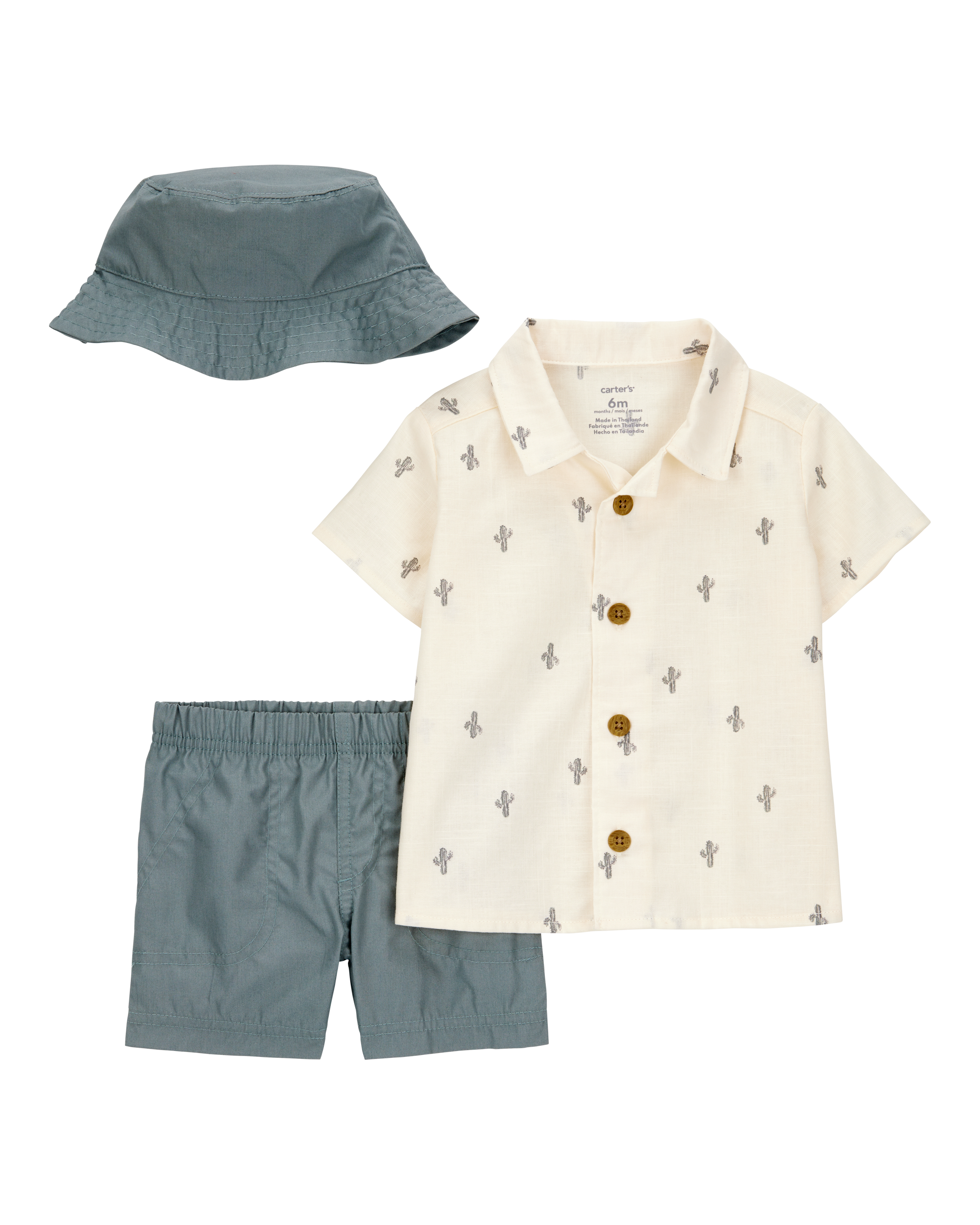 Baby 3-Piece Cactus Short & Hat Set - Ivory/Green