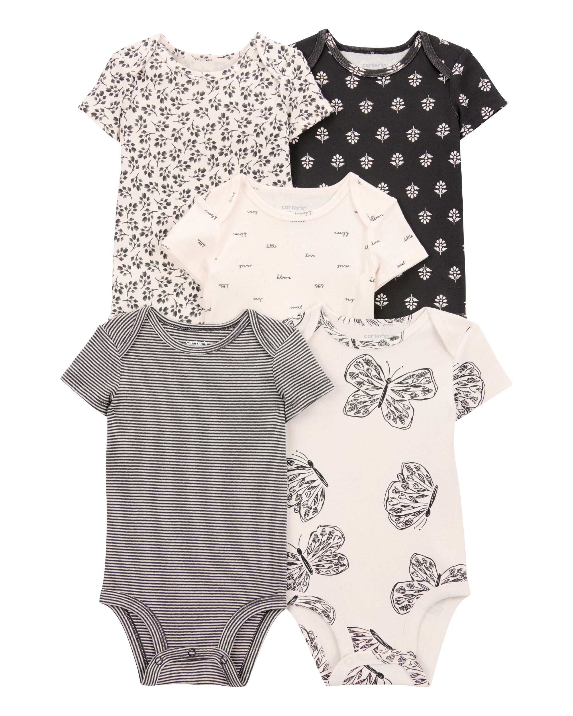 5-Pack Striped Butterfly Short-Sleeve Cotton Bodysuits