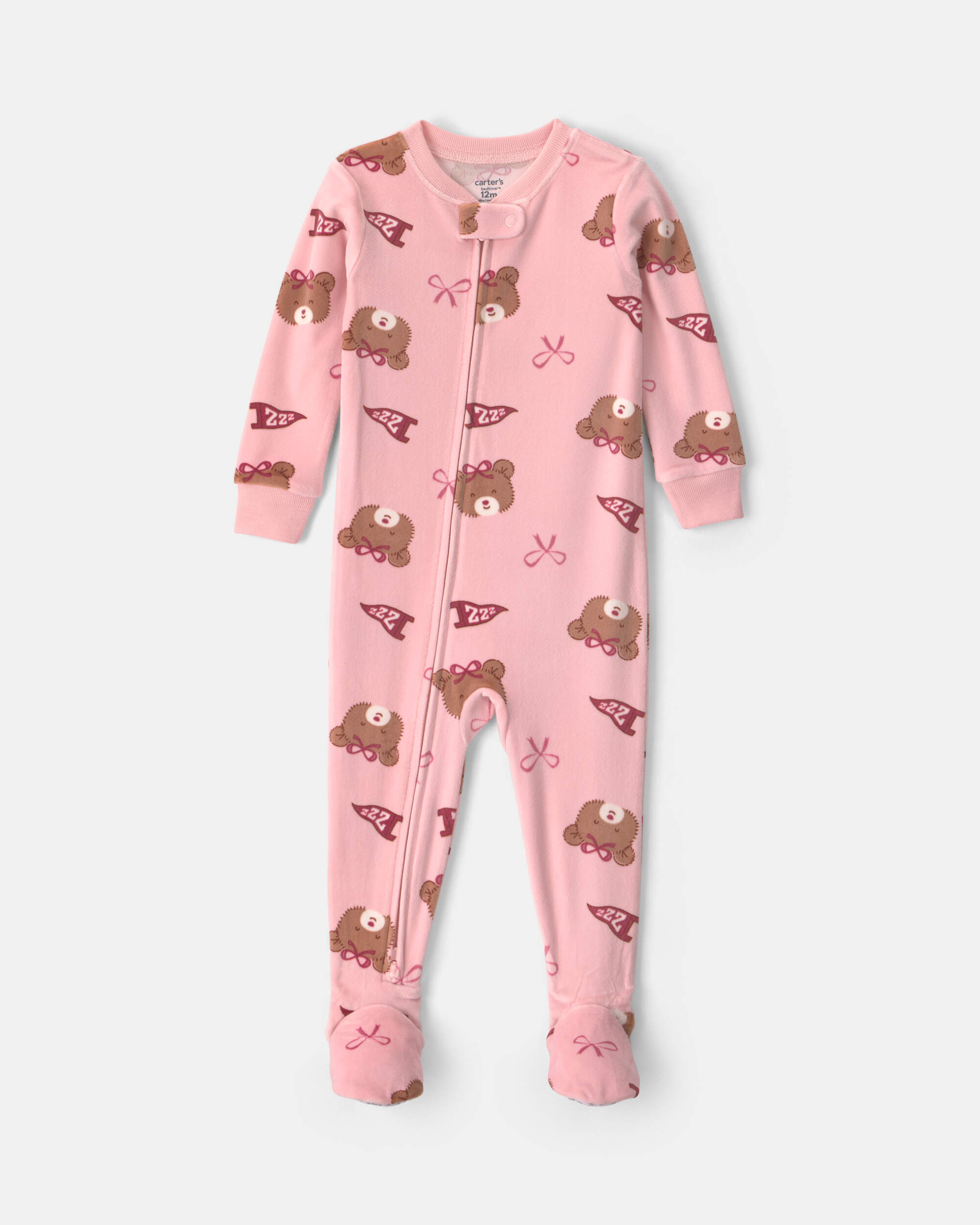 Baby Girl 1-Piece Bears & Bows 2-Way Zip DreamPlush Snug Fit Footed Pyjama - Pink
