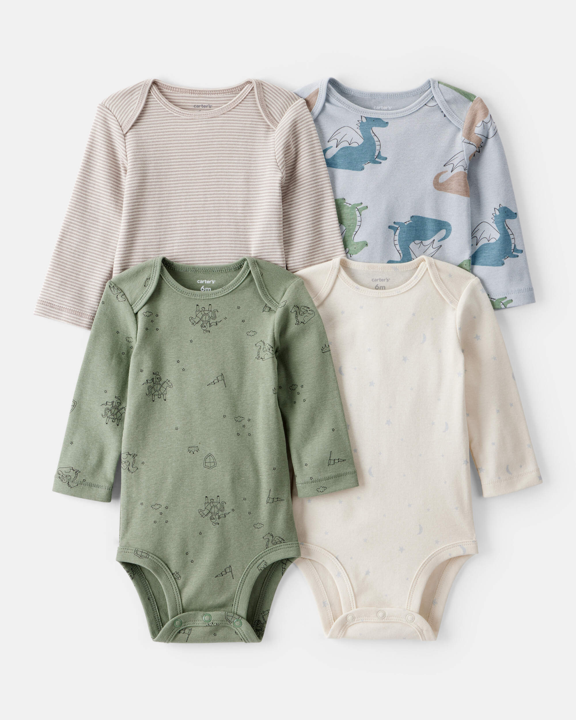 Baby Boy 4-Pack Dragon Star Print Cotton Long-Sleeve Multipack Bodysuits - Blue/White/Green
