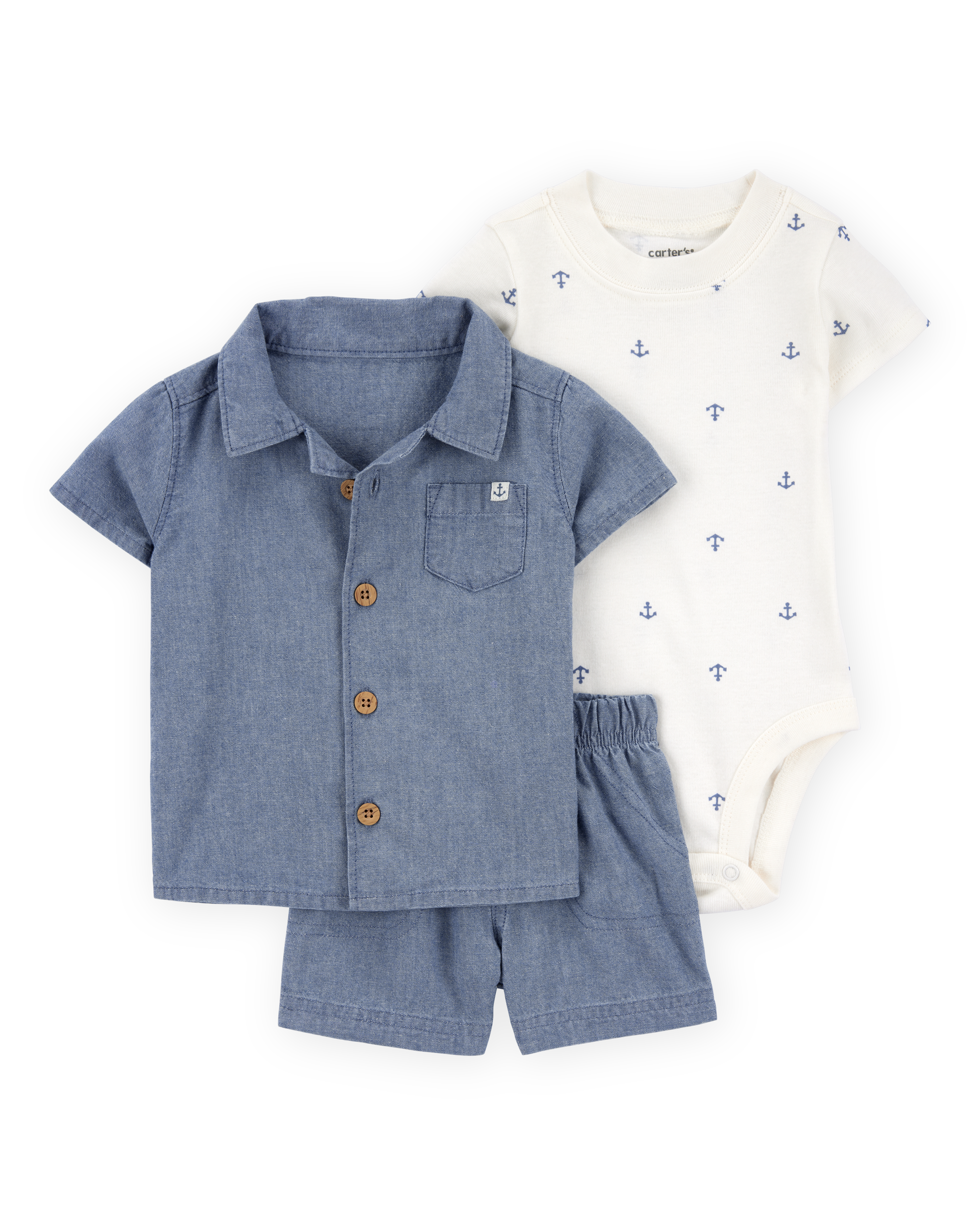 Baby 3-Piece Chambray Anchor Outfit Set - Blue