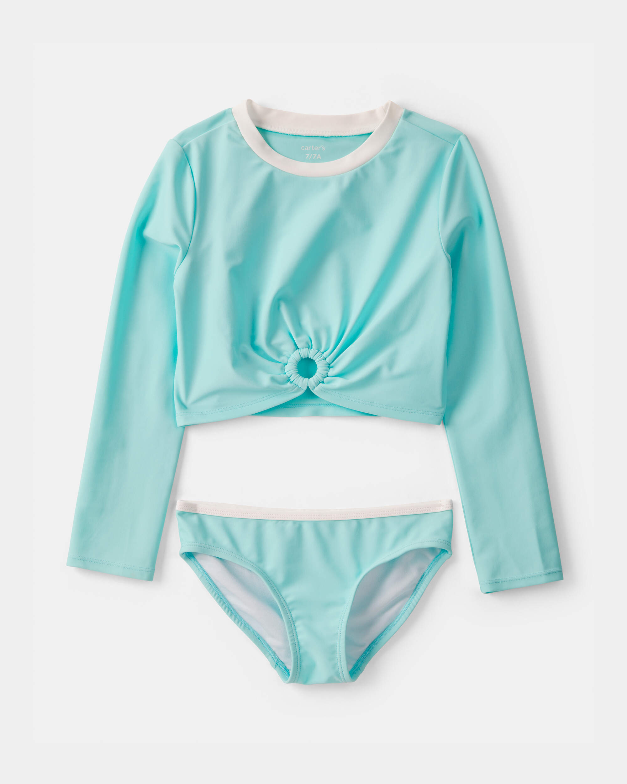Girls 2-Piece Solid Long-Sleeve Rashguard Swimsuit Set - Turquoise