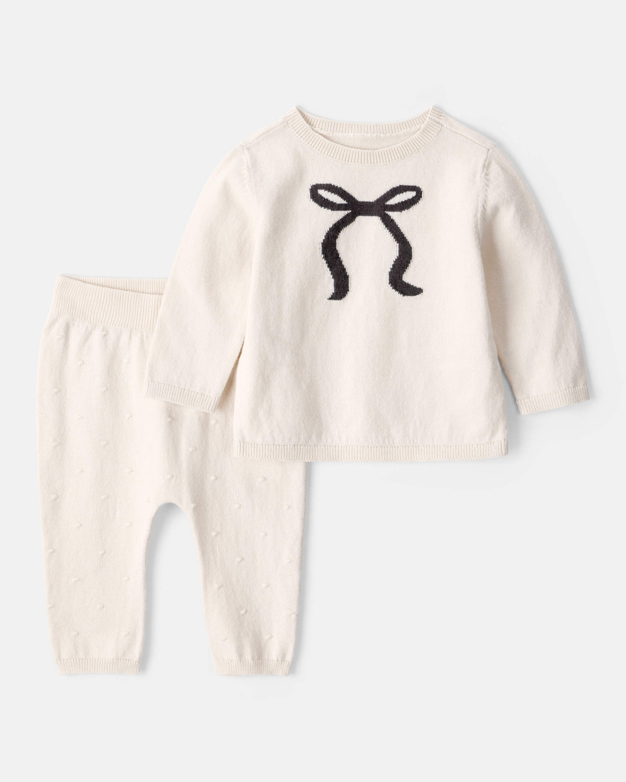 Baby Girl Bow Cotton Long-Sleeve Tee & Pant Set - White