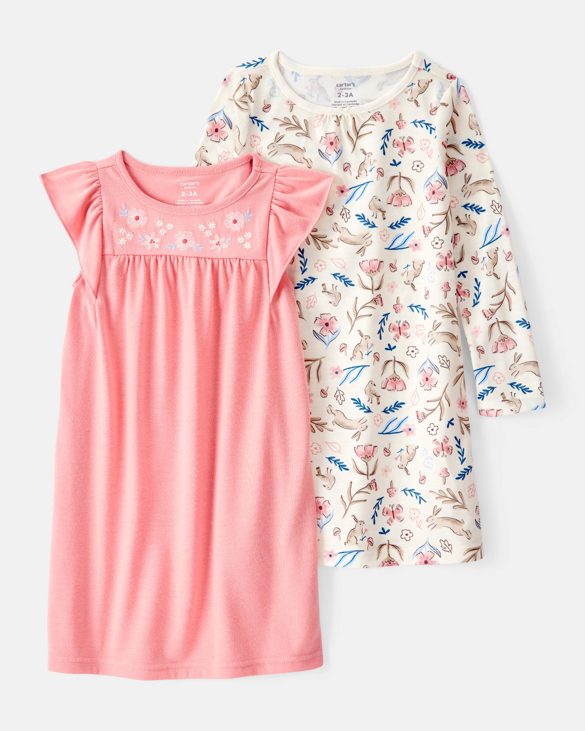 Girls 2-Pack Floral Bunnies Nightgowns