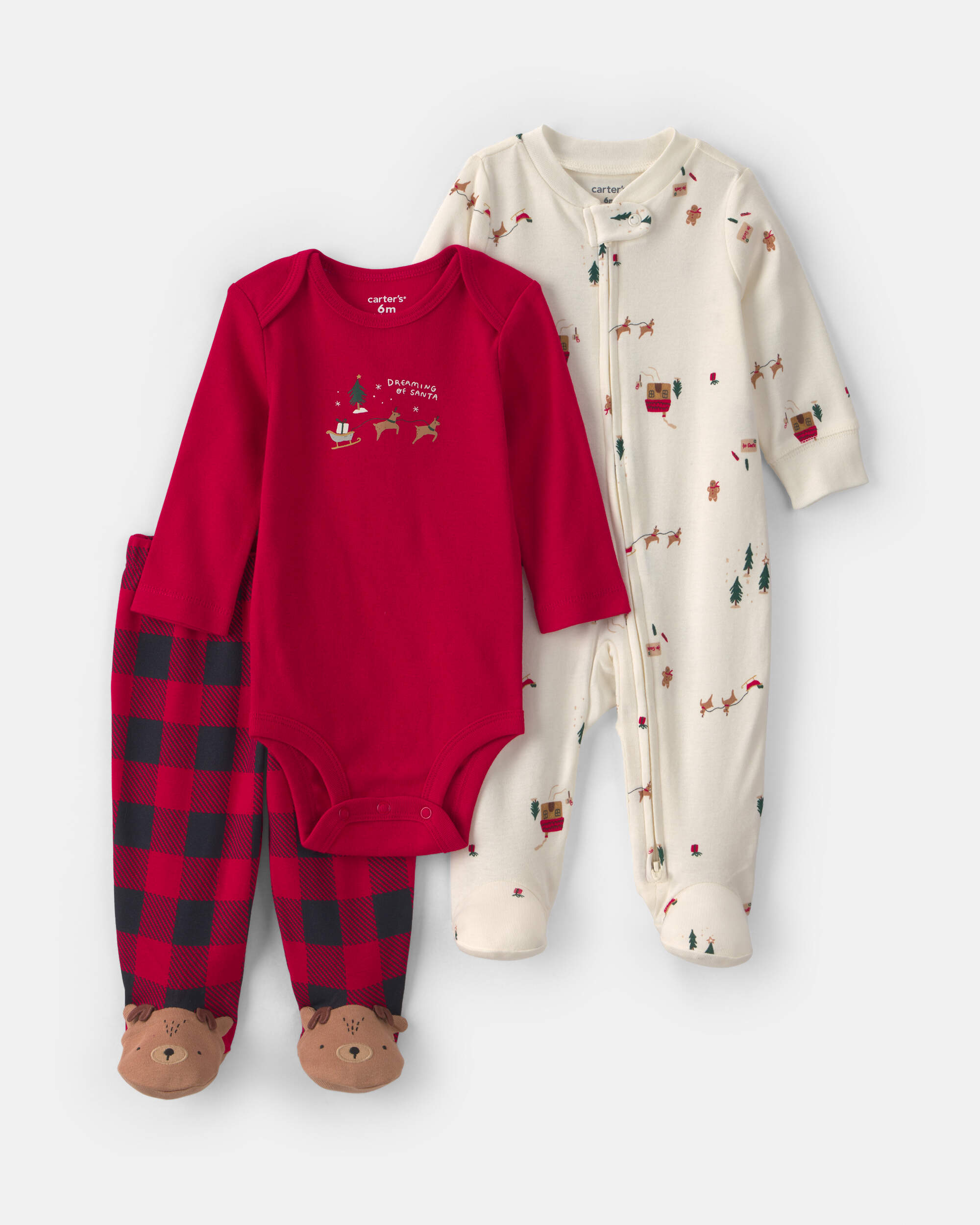 Baby Boy Ensemble 3 pièces « Rêvant du Père Noël » — body à manches longues et pantalon carreaux buffalo pour