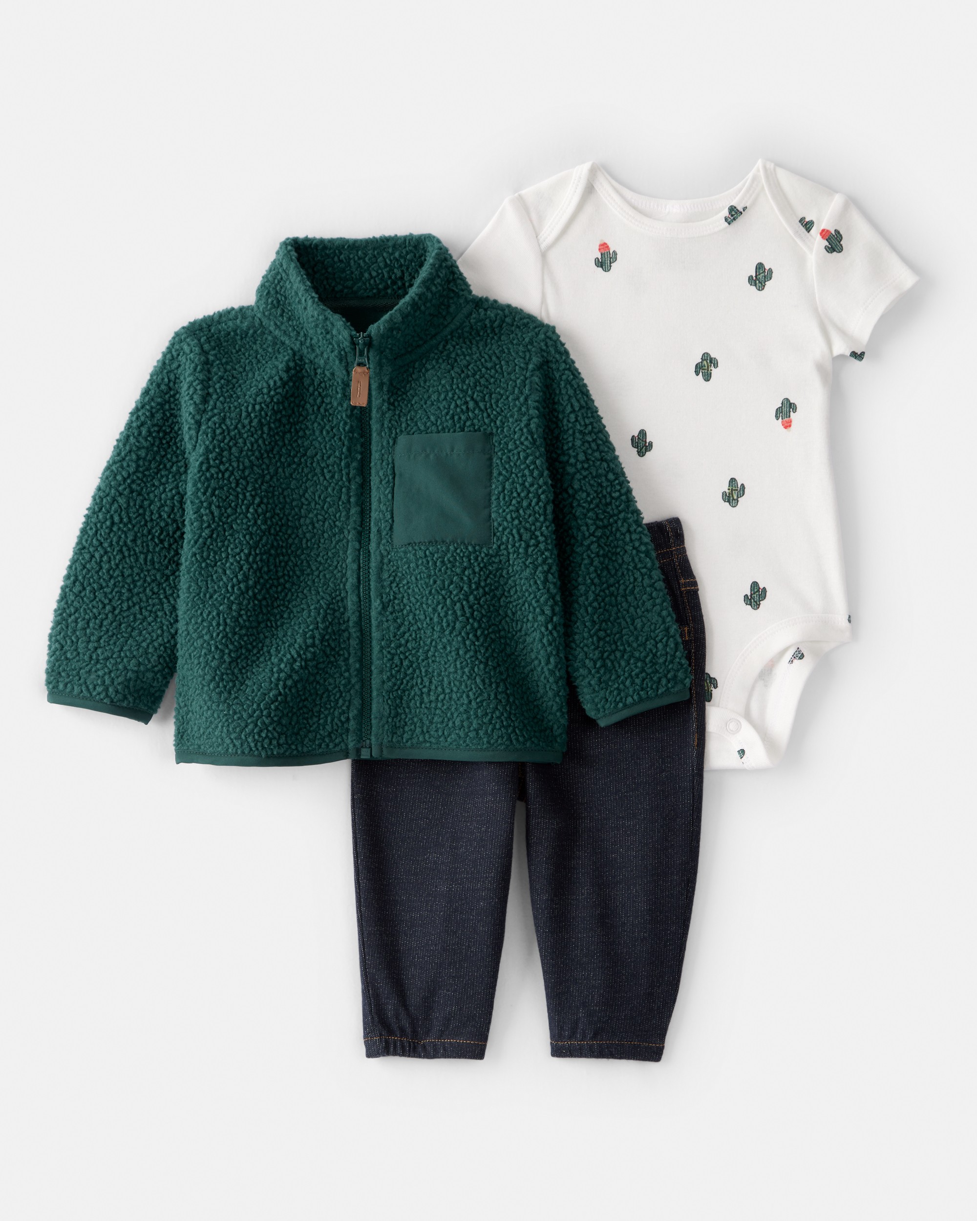 Baby Boy 3-Piece Cactus Fleece Zip-Up Jacket Outfit Set
