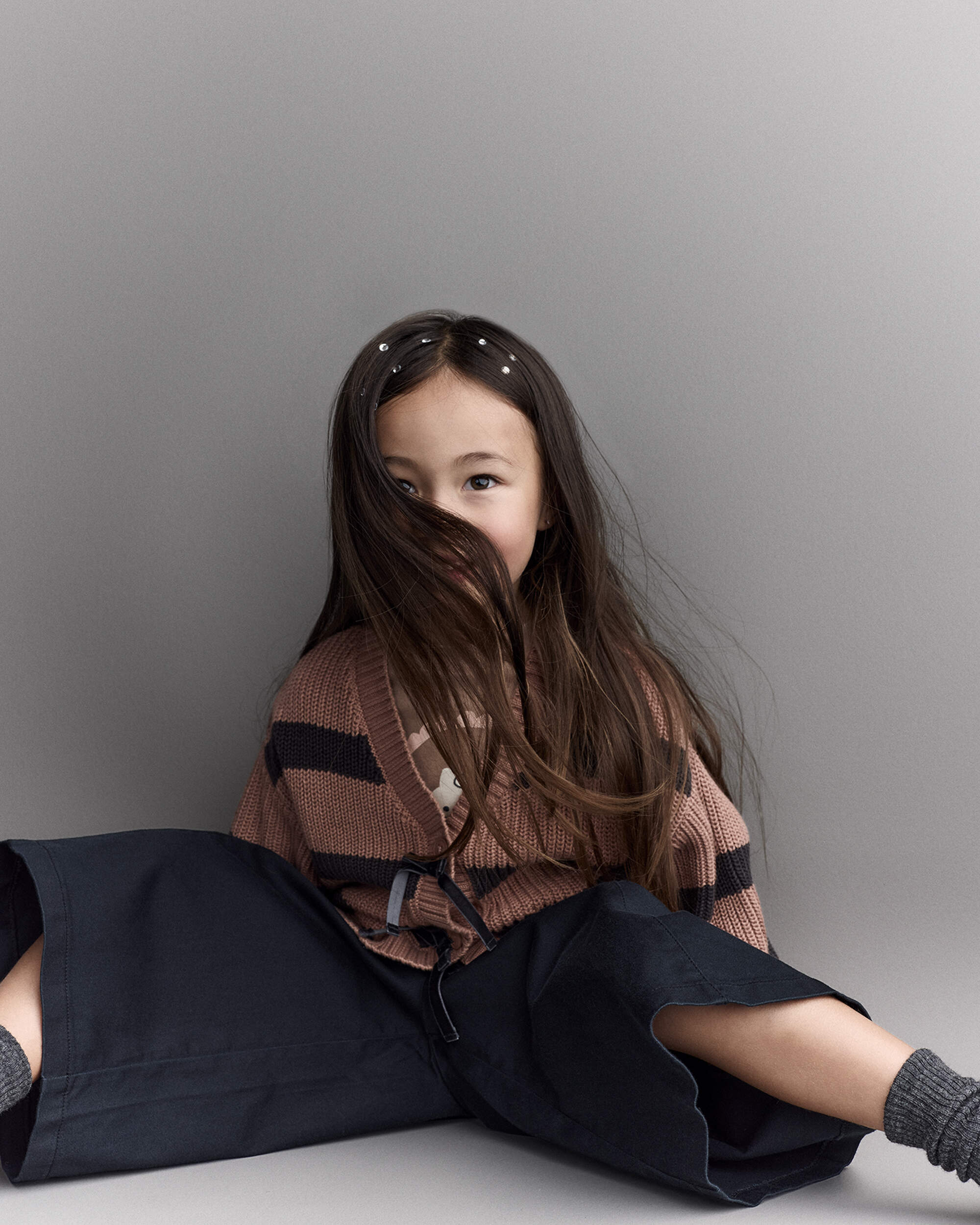 Toddler Girl Striped Puff-Sleeve Cardigan with Bows - Mocha Brown/Black