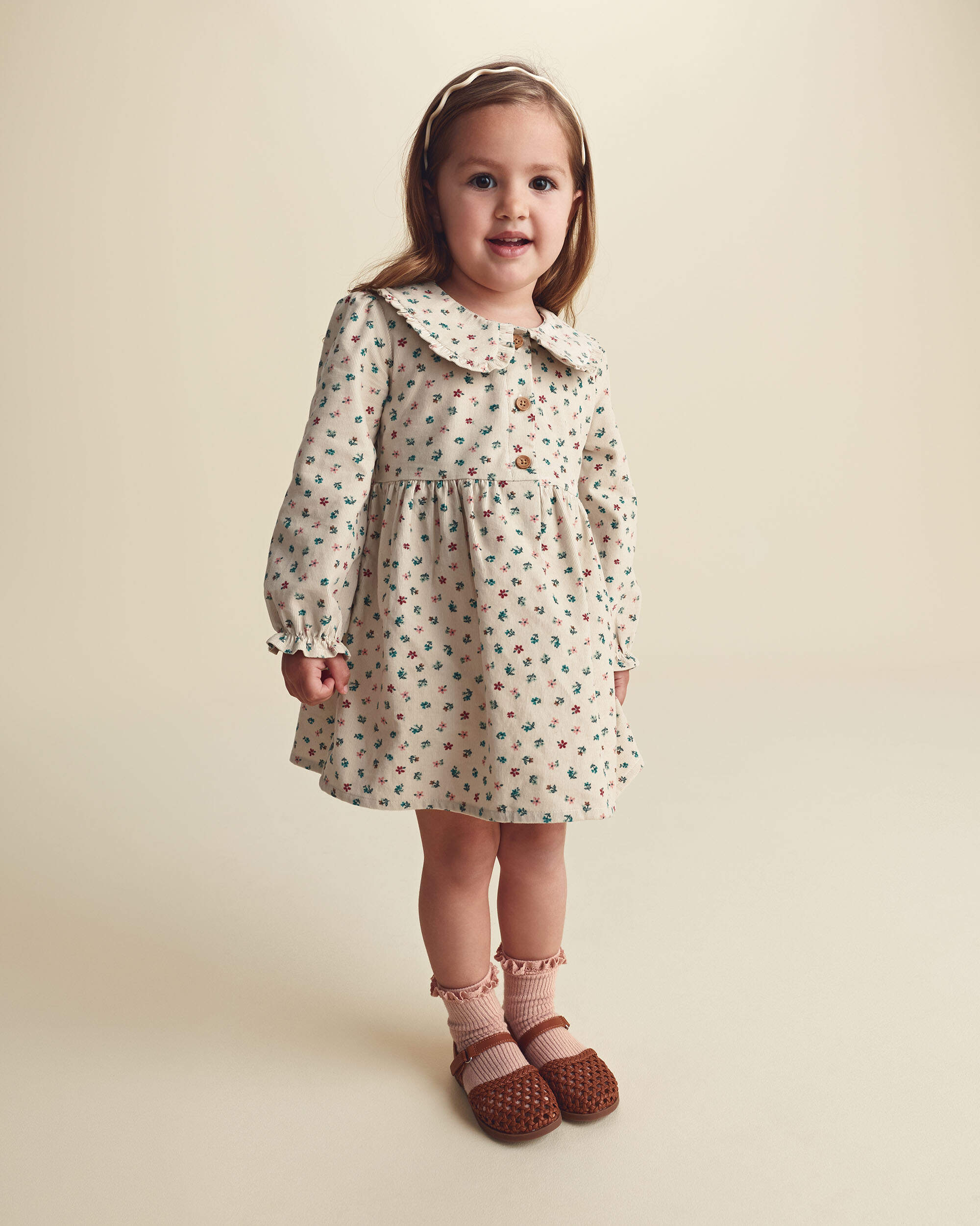 Toddler Girl Floral Collared Corduroy Long-Sleeve Dress - Cream