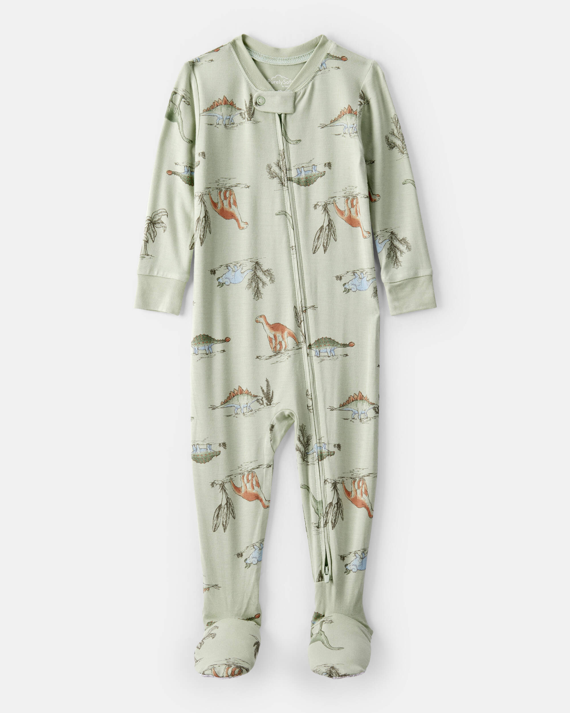 Baby Boy Dinosaur Print PurelySoft Long-Sleeve 2-Way Zip 1-Piece pyjamas - Green