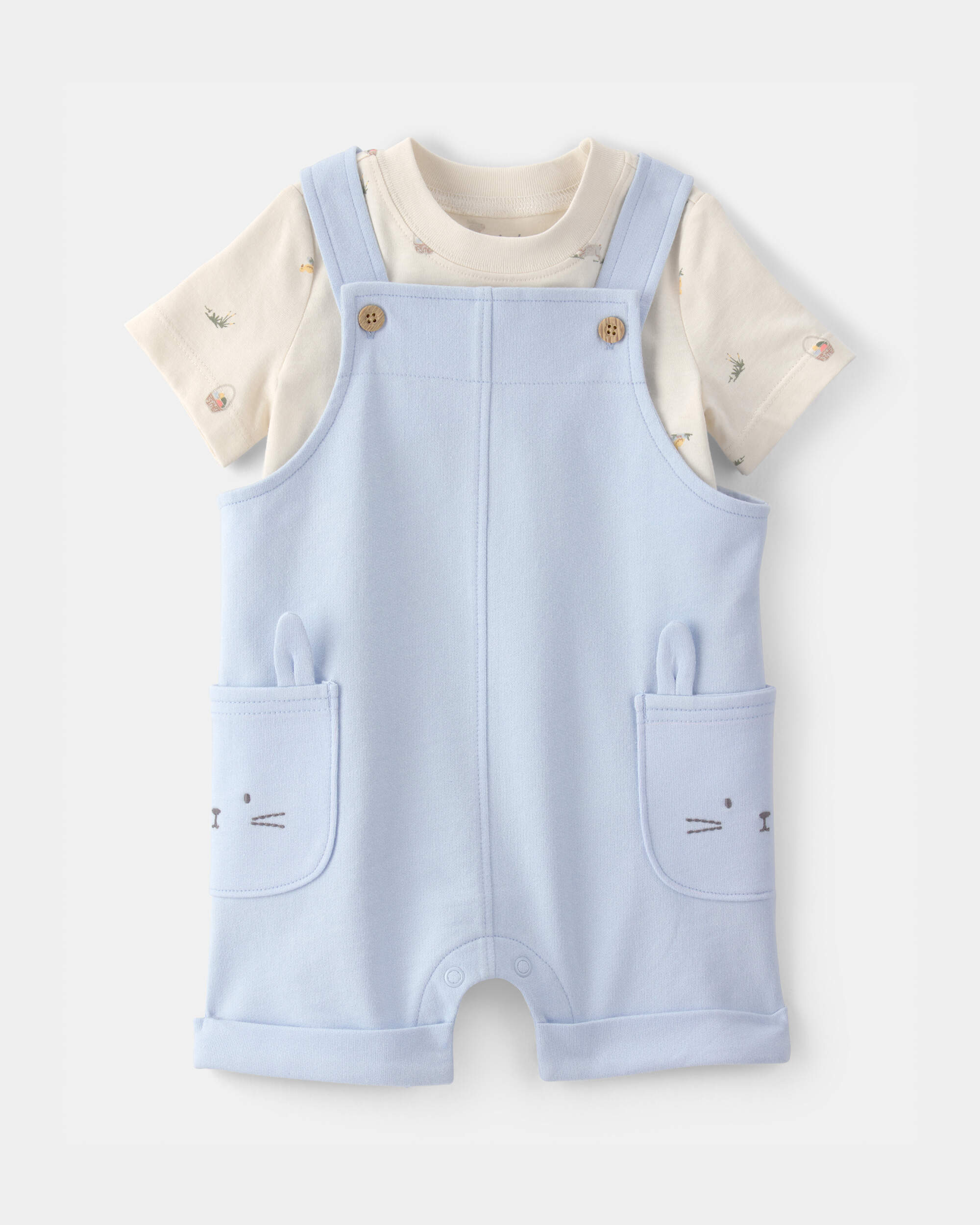 Baby Boy 2-Piece Easter Bunny Shortall Set - Blue/Cream