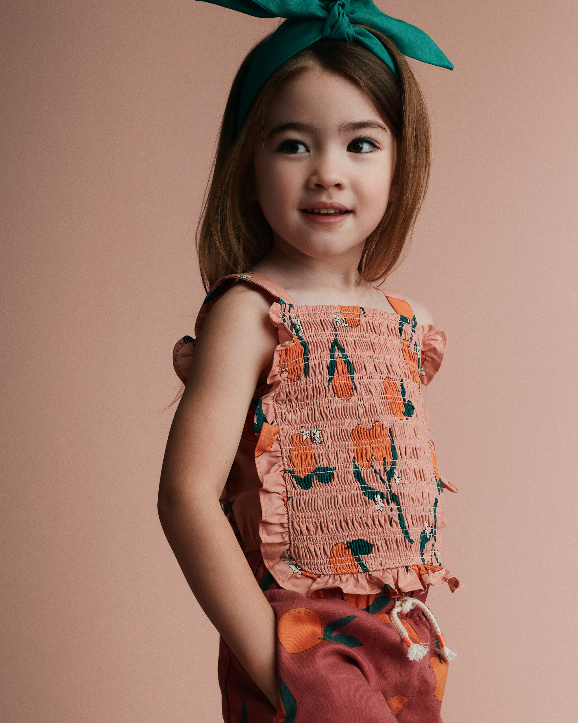 Toddler Girl Smocked Bib Top Clementine Grove Print - Peach