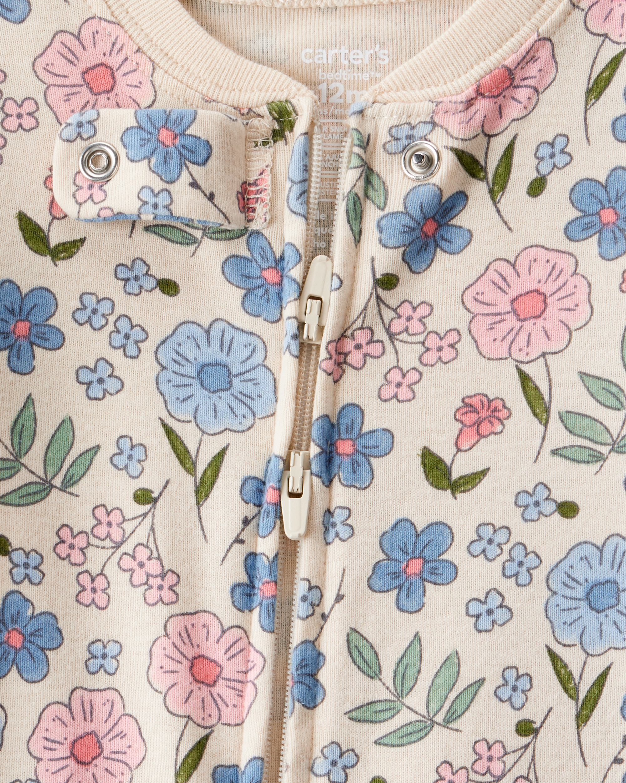 Baby Girl Floral 100% Cotton Snug Fit 2-Way Zip Footie 1-Piece Pyjamas - Ivory