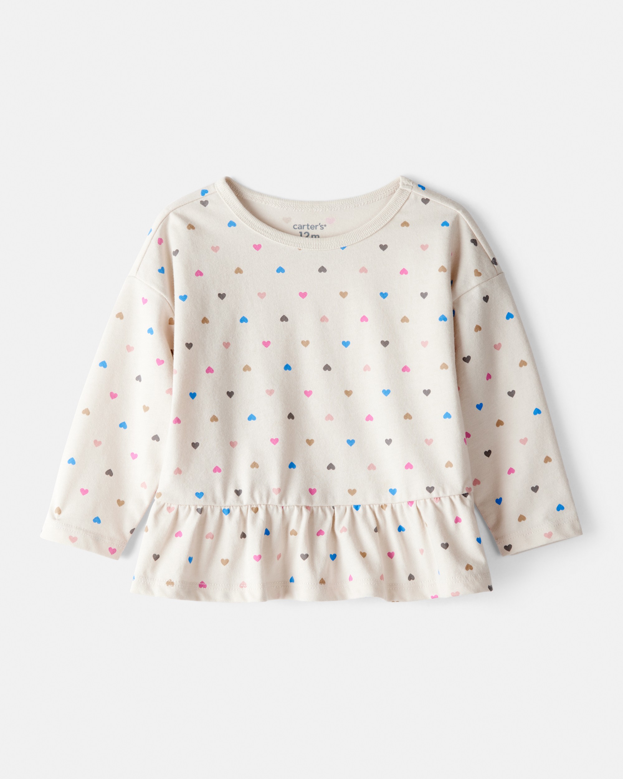 Baby Girl Heart Print Long-Sleeve Peplum Top - Cream