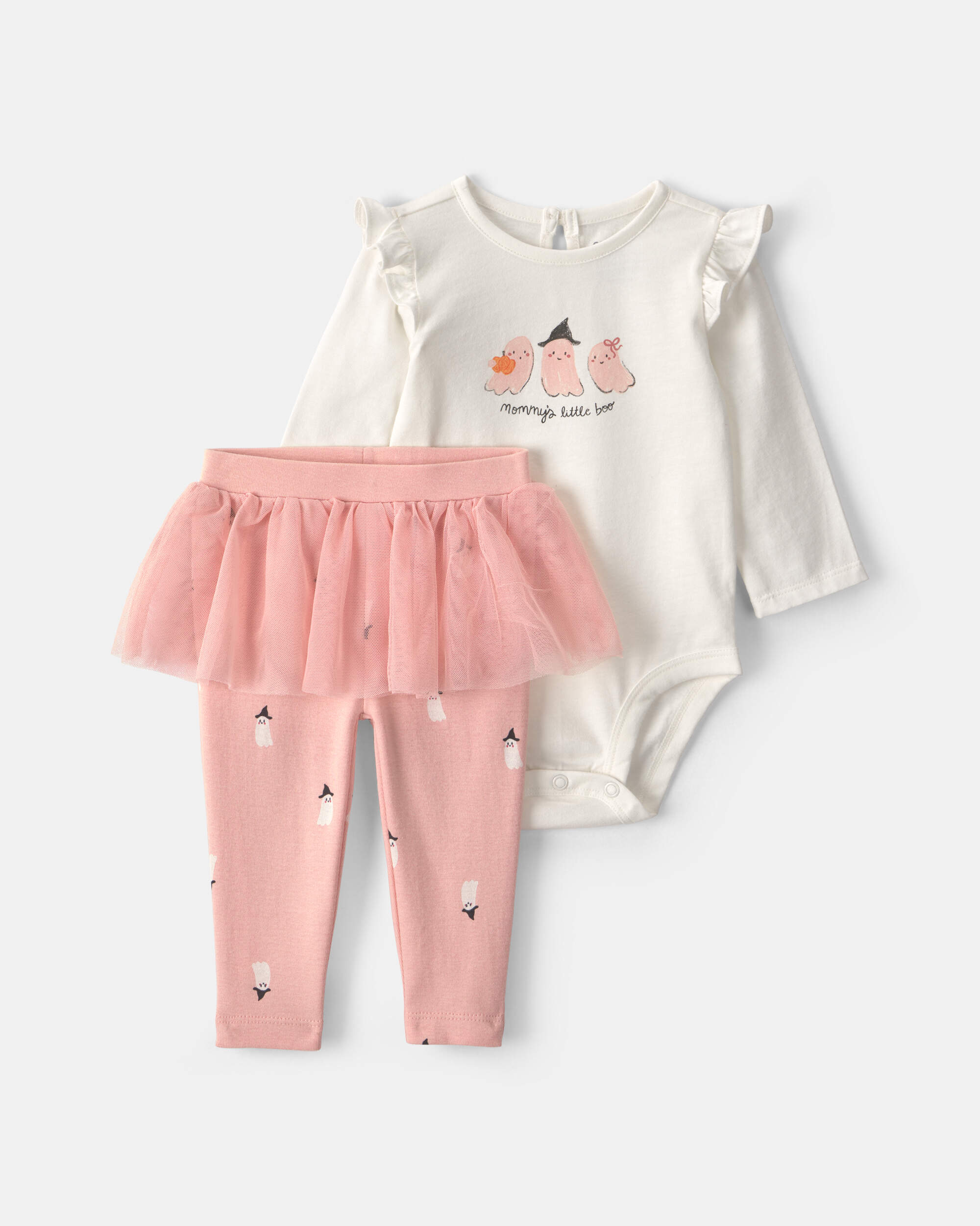 Baby Girl 2-Piece 'Mommy's Little Boo' Halloween Long-Sleeve Bodysuit & Pant Set - Cream/Pink